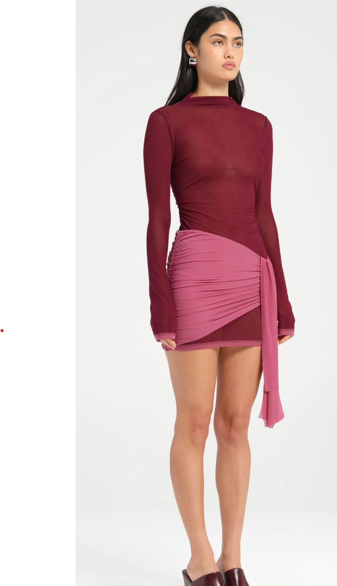 fitted lace wedding dress Benian Mini Dress in Satin Jacquard Red , Pleated , Crew Neck , Zip Up main image 0
