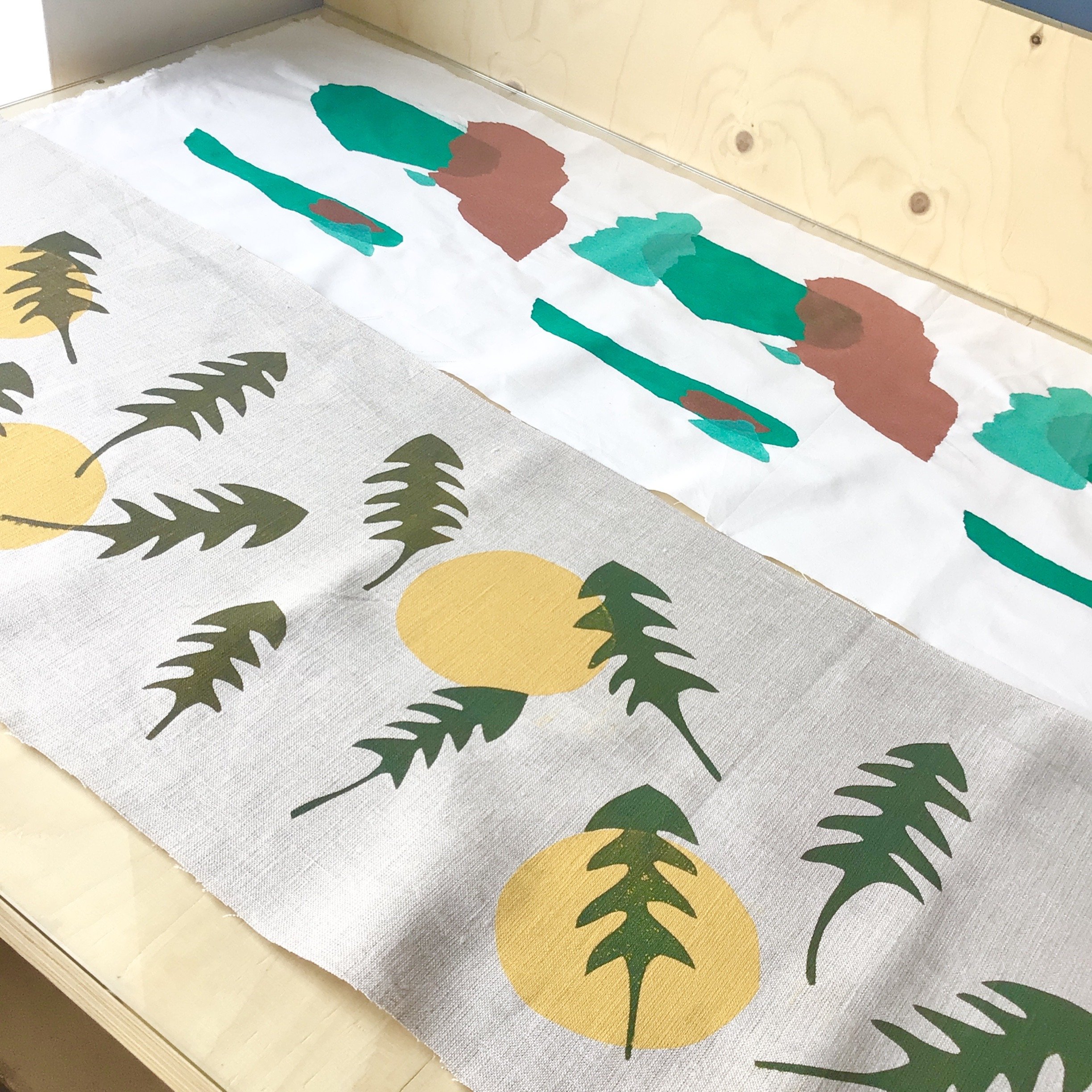 Carousel Stencil screen printing on fabric, lampshade panels.JPG