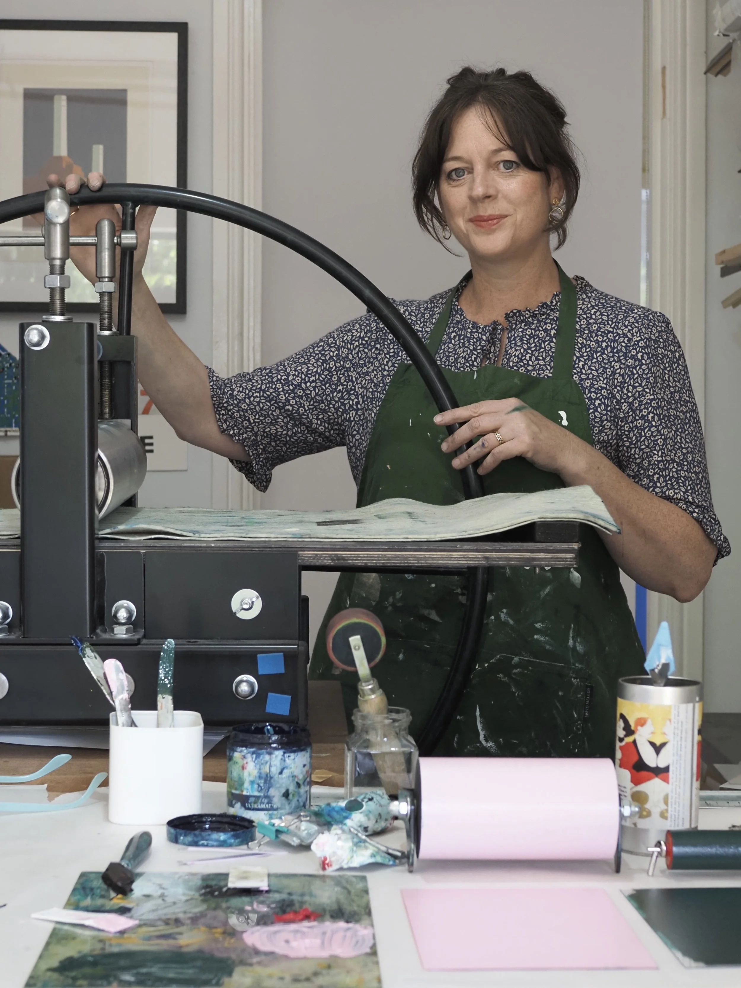 Artist Diane Cooper with her printing press