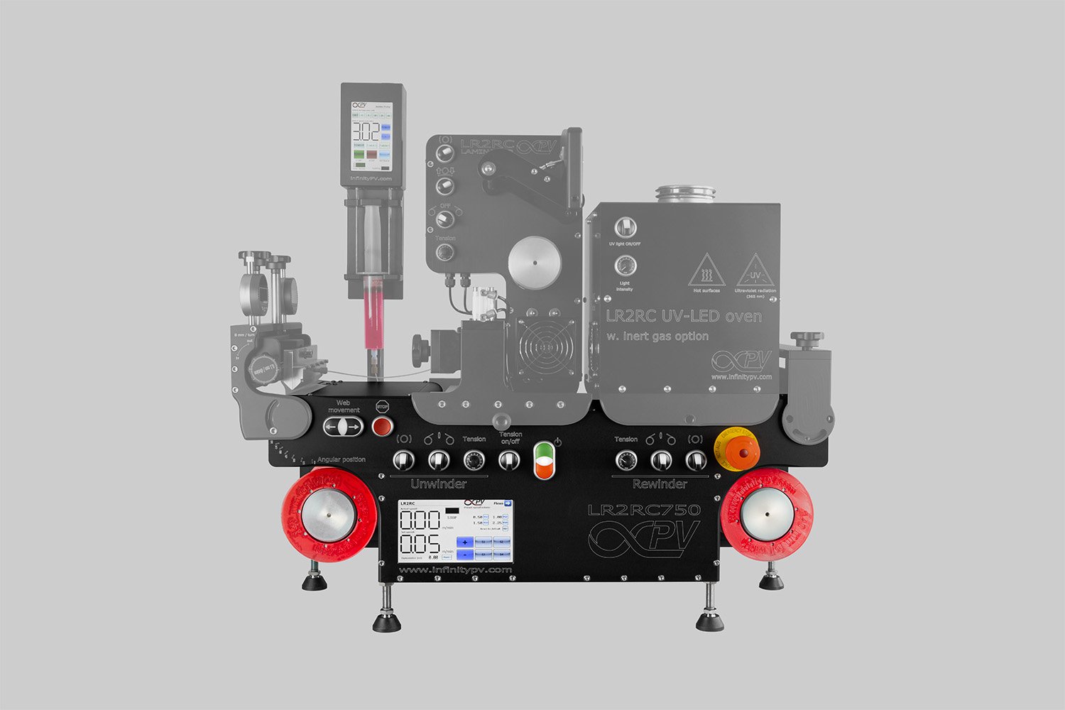R2R Slot-die Coater featuring a slot-die head, syringe pump and ovens