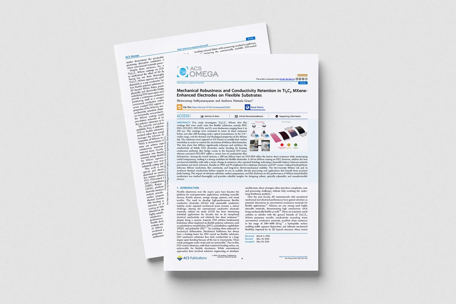 Sathyanarayanan, S. and Grace, A.N. (2026) Mechanical Robustness and Conductivity Retention in Ti₃C₂ MXene-Enhanced Electrodes on Flexible Substrates, ACS Omega. Available at: https://doi.org/10.1021/acsomega.6c02342 (Accessed: 30 July 2026).