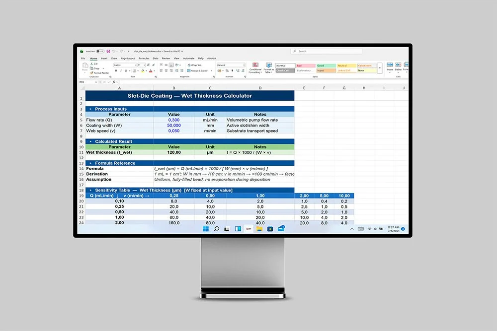 Calculate wet film thickness before coating starts. Enter your flow rate, coating width, and web speed to quickly estimate the theoretical wet coating thickness for your slot-die coating process.