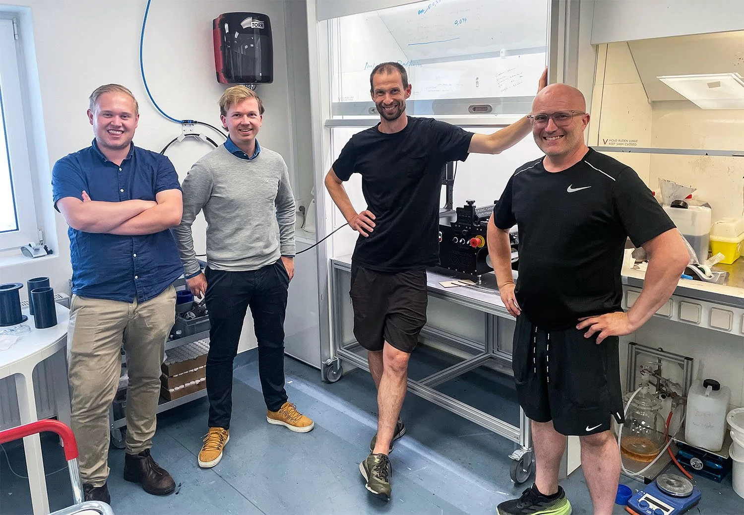 Niels Kuin and Koen Fentsahm from Primus Wafer Paper B.V. testing ink formulation, slot-die coating, and foil trimming for biodegradable packaging coatings on our Laboratory Roll-to-Roll Coater.