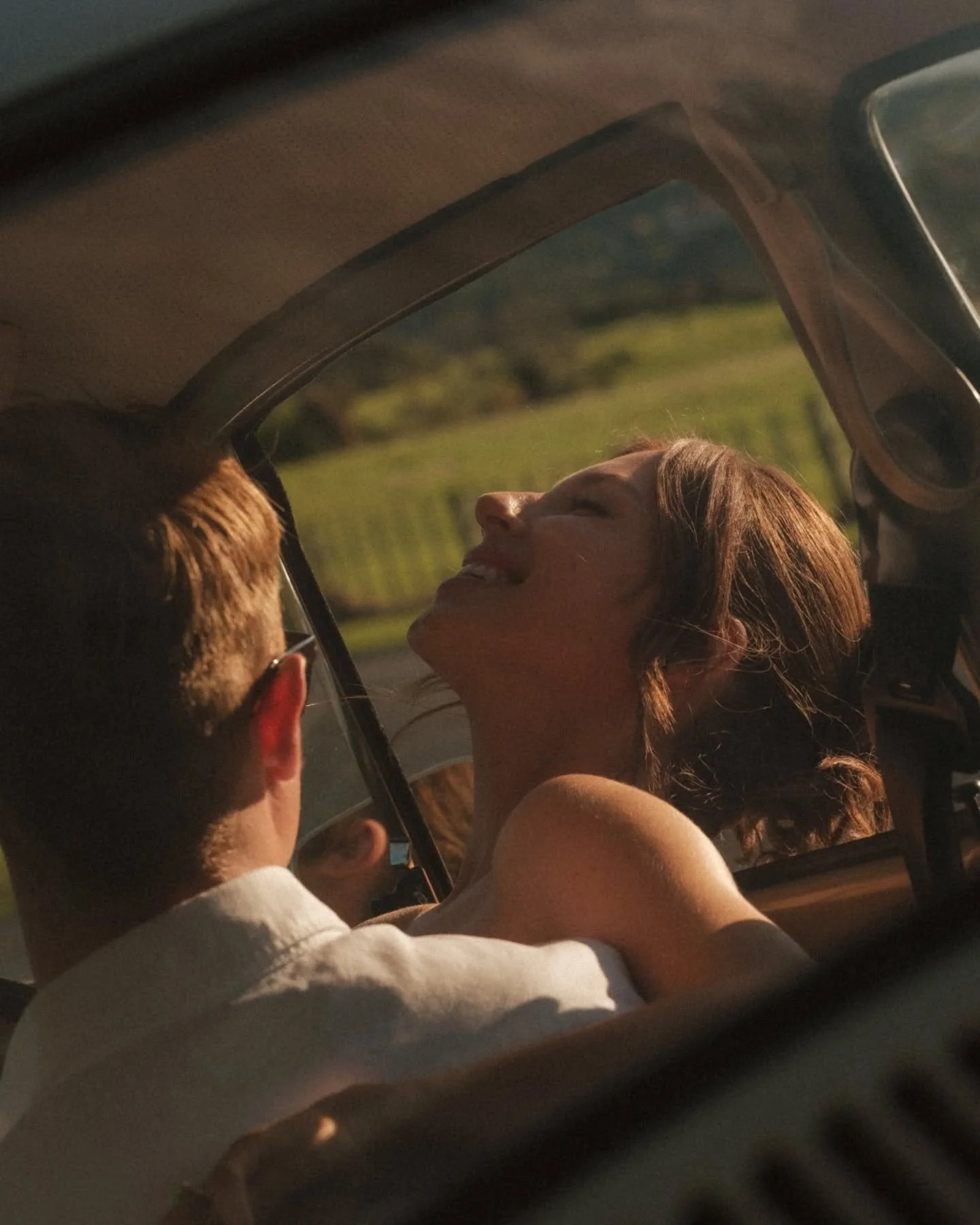 driving sunset with the windows down ❤️&zwj;🔥

we were fully expecting rain but sun out &amp; glorious for Claudia + Daniel!

#weddingcar #vintagecar #weddingphotos #elopementphotography