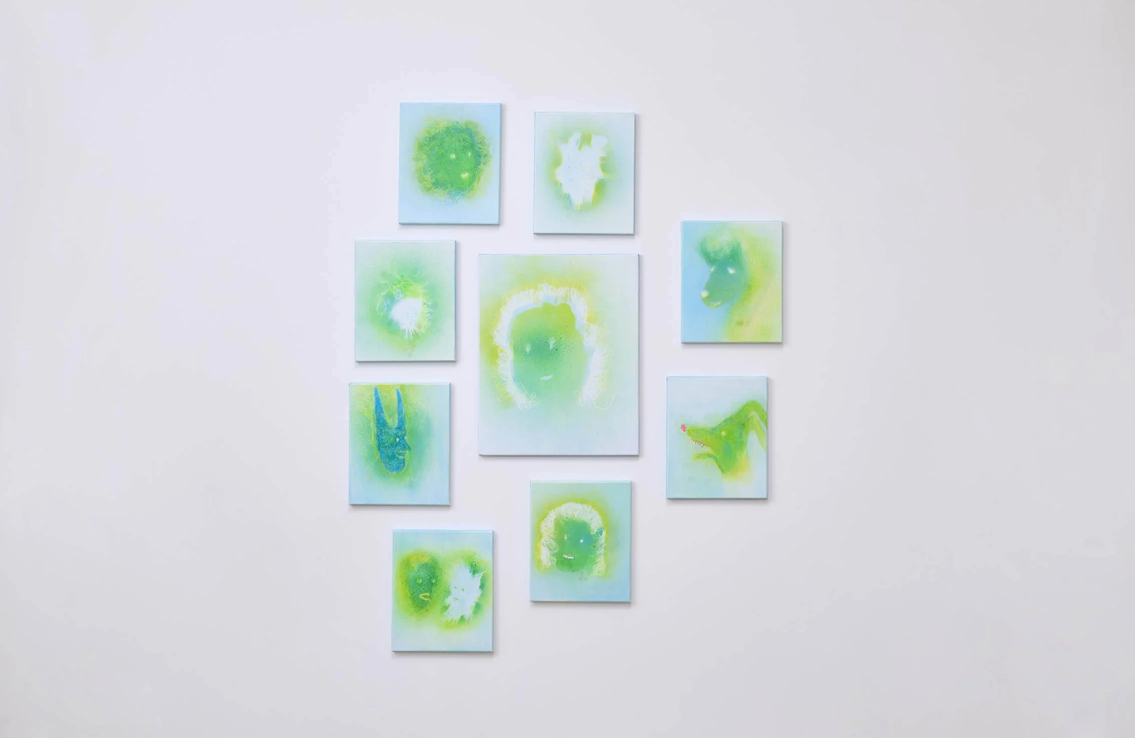 Celestial Family, 2024. Acrylic on canvas. 135 x 120 cm overall. An ensemble of shadowy, demonic forms.