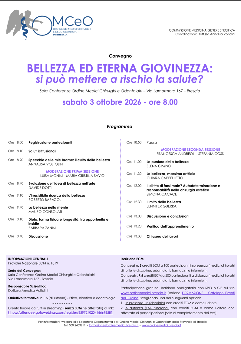 BELLEZZA ED ETERNA GIOVINEZZA: si può mettere a rischio la salute? @ Ordine dei Medici Chirurghi e degli Odontoiatri di Brescia