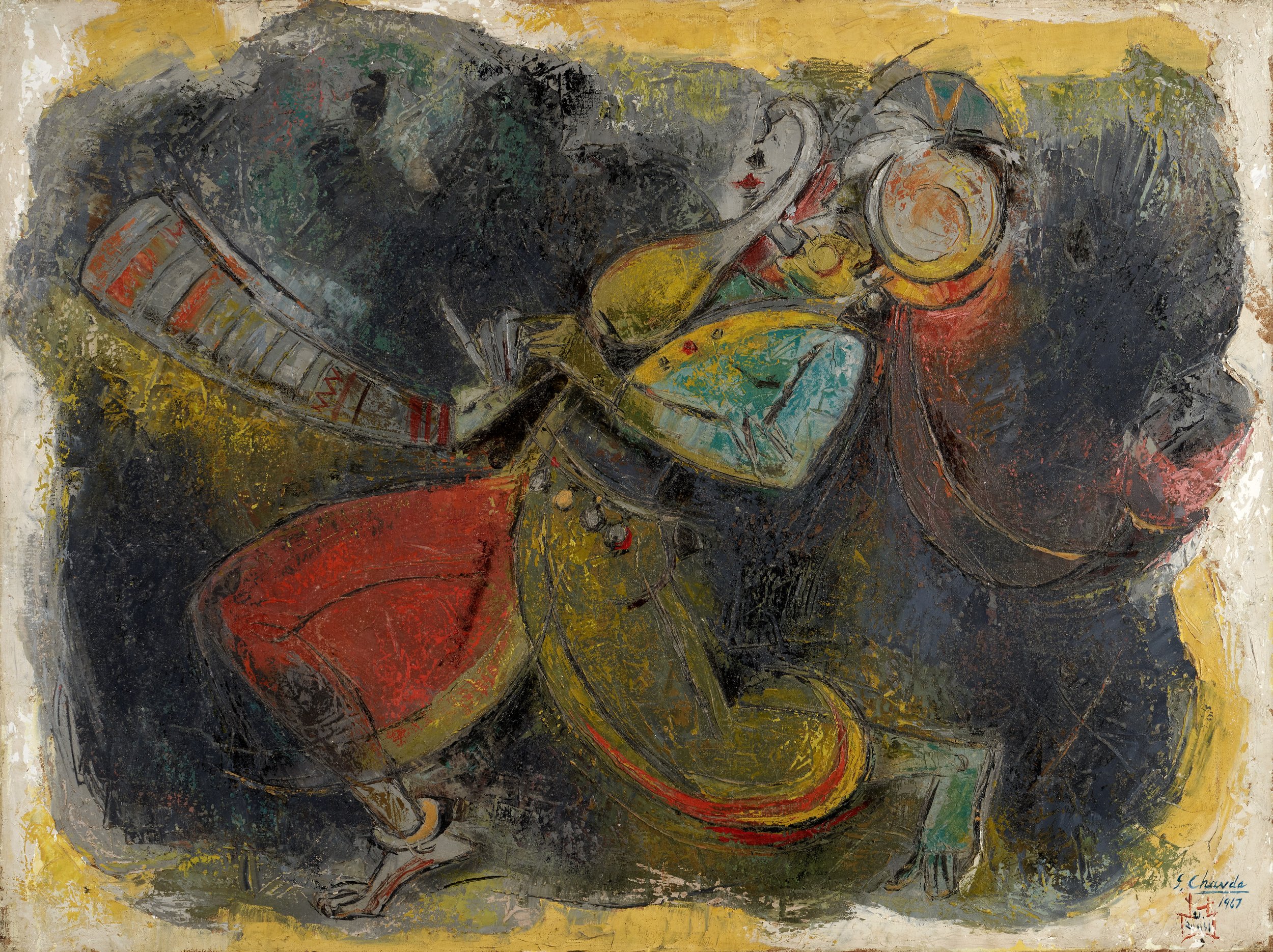 Folk Musician (Ecstasy of Rhythm) 1967, Oil on canvas 30x40" Signed l.r. Signed, dated and inscribed with title on reverse