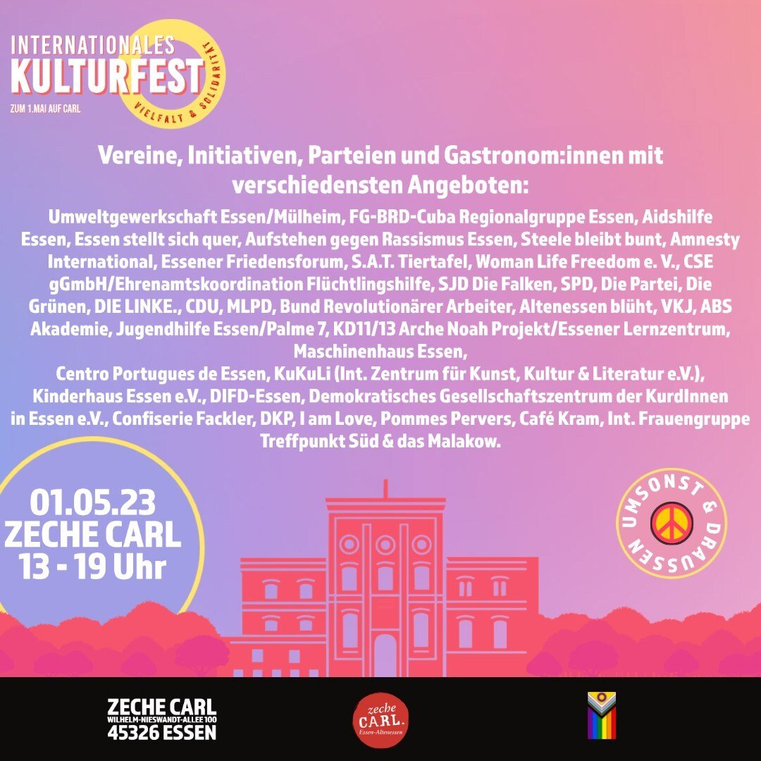 Wir freuen uns alle Beteiligten, die am 1. Mai unser Internationales Kulturfest mit internationalen Spezialit&auml;ten, Kinderprogramm, B&uuml;hnenprogramm, Informationsst&auml;nden und als Besucher:innen tatkr&auml;ftig unterst&uuml;tzen!