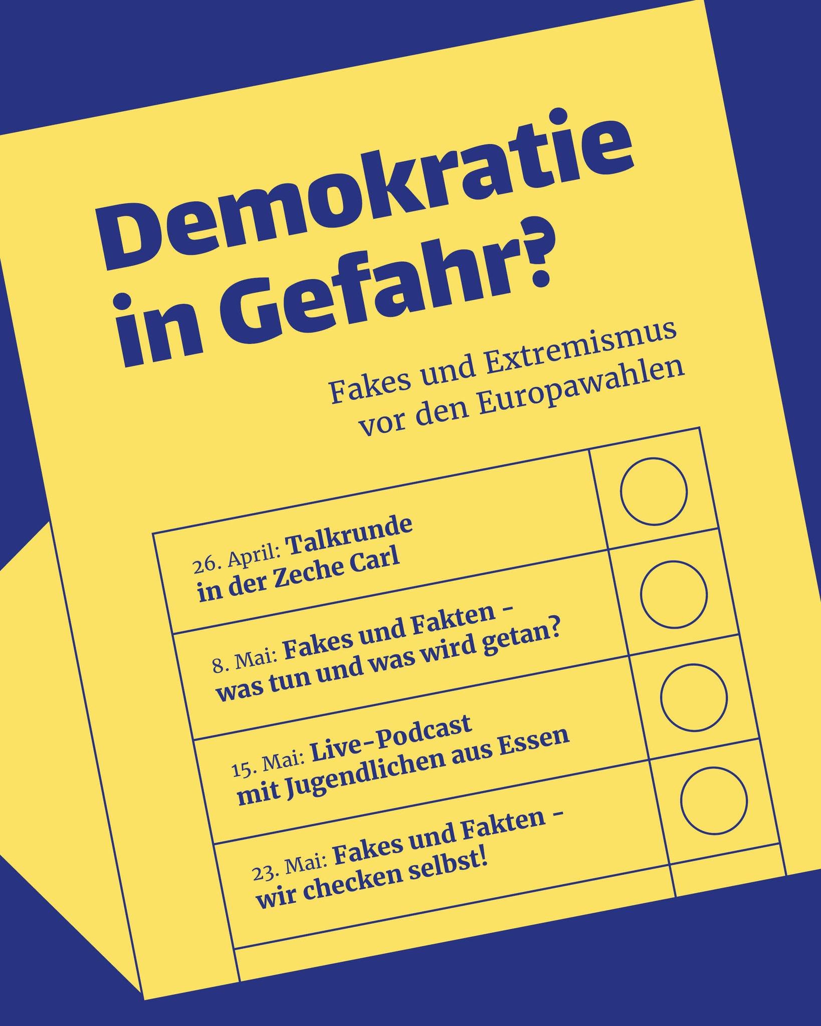 Demokratie in Gefahr? 

Fakes und Extremismus vor den EU-Wahlen

Freitag, 26.04.24 | Zeche Carl | Einlass: 18:00 Uhr | Beginn: 19:00 Uhr | Podiumsdiskussion

Eintritt frei

Demokratie in Gefahr? 

Veranstaltungsreihe zu Desinformation und Extremismus