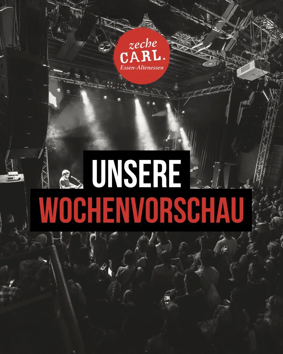 Unsere Woche! 

Wir starten Mittwoch mit dem ESSENER COMEDY CLASH! 
Donnerstag liest der talentierte MAX GOLDT f&uuml;r uns! 
Am Freitag bespa&szlig;en uns die Legenden von REIS AGAINST THE SP&Uuml;LMACHINE!
Zum Jubil&auml;um 40 Jahre DARKNESS sind w