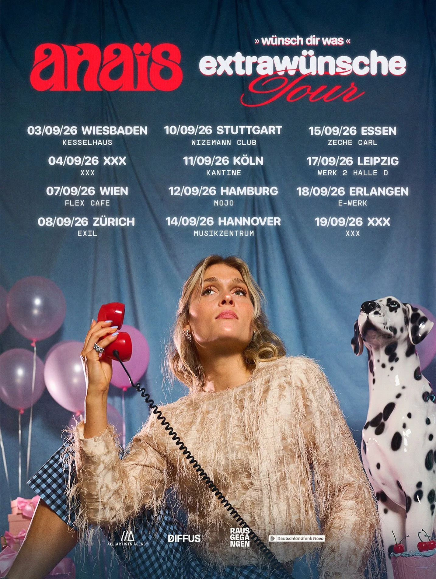 w&uuml;nsch dir was &ndash; extraw&uuml;nsche tour 2026

Dienstag, 15.09.26 | Zeche Carl | Einlass: 19:00 Uhr | Beginn: 20:00 Uhr | Konzert

VVK: 30&euro; zzgl. Geb&uuml;hren | AK: 40&euro;

&bdquo;Alles ist gut wie es grad ist&ldquo;, sonnengek&uuml