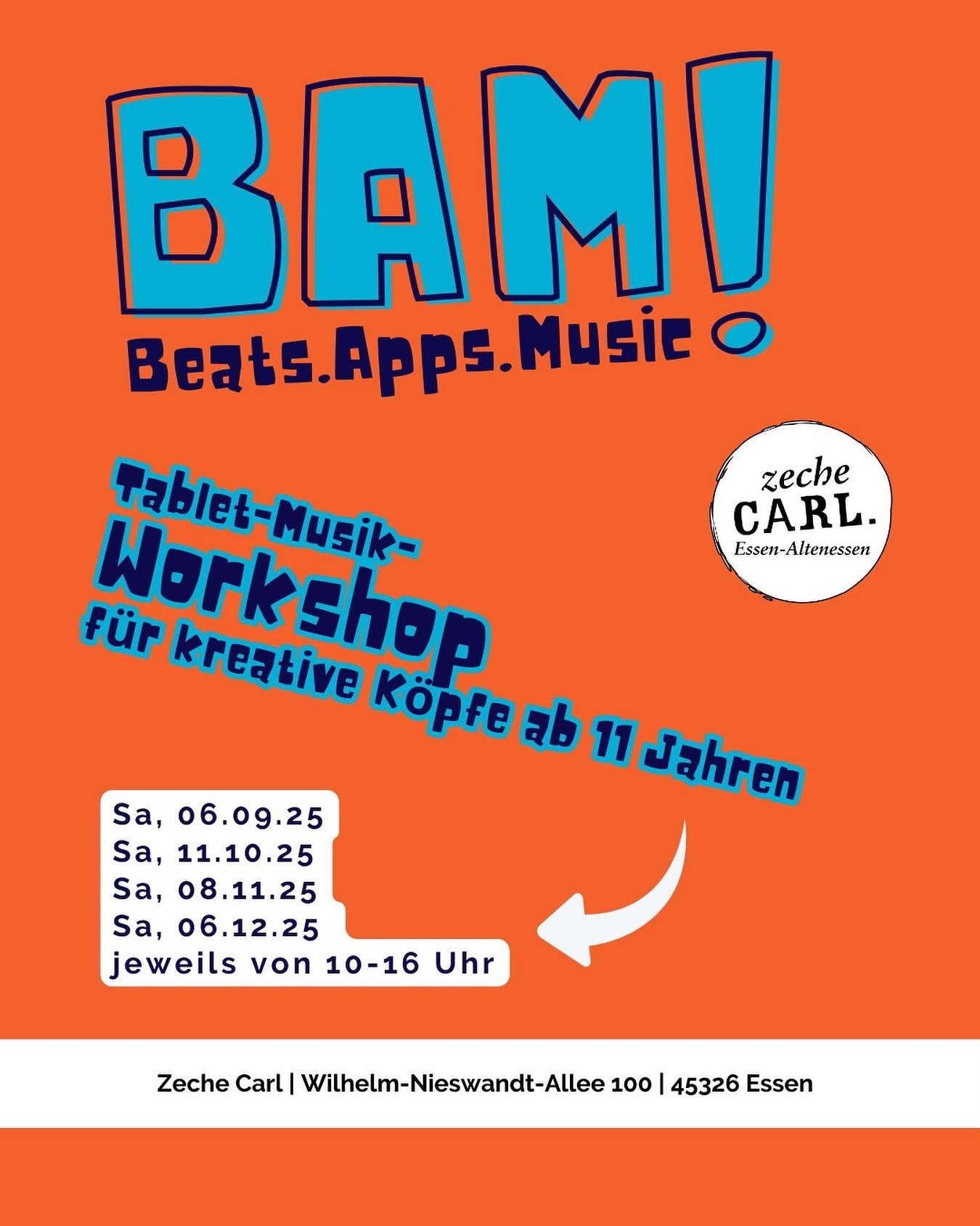 Samstag, 08.11.25 | Zeche Carl | Beginn: 10:00 Uhr | Musik-Workshop

kostenlos 

BAM!
Beats.Apps.Music

F&uuml;r Jugendliche zwischen 11 und 17 Jahren

Mach doch mal deine eigenen Sounds und Beats!

In unseren Workshops lernst du mit Apps deine eigen