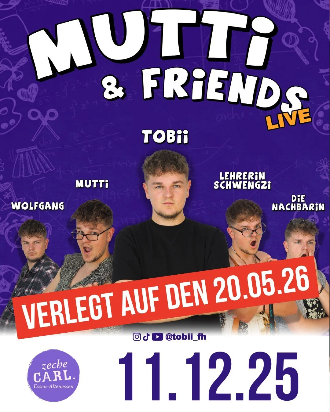 Tobii Live - Mutti &amp; Friends

Donnerstag, 11.12.25 | Zeche Carl | Einlass: 19:00 Uhr | Beginn: 20:00 Uhr | Comedy 

Die Veranstaltung muss krankheitsbedingt leider verschoben werden. Neuer Termin: 20.05.26

Bereits erworbene Tickets behalten ihre