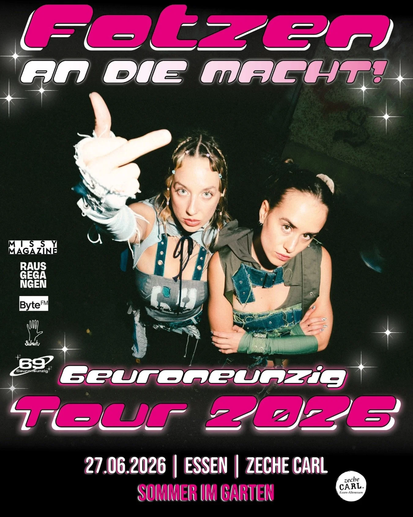 6euroneunzig

Samstag, 27.06.2026 | Zeche Carl Innenhof | Einlass: 19:00 Uhr | Beginn: 20:00 Uhr | Konzert 

VVK: 26&euro; zzgl. Geb&uuml;hren | VVK: 32&euro;

6euroneunzig bringen ihren &bdquo;Tussitechno&ldquo; und feministischen Rap auf die B&uuml