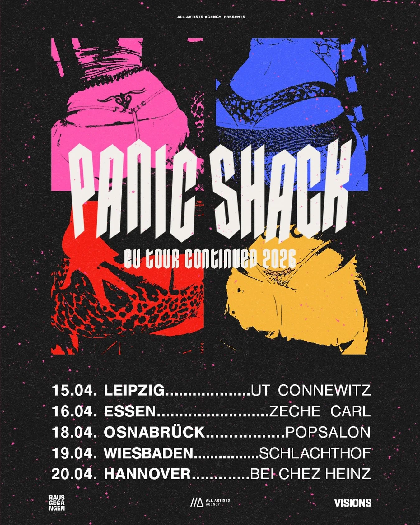 Panic Shack - EU Tour Continued 2026

Donnerstag, 16.04.26 | Zeche Carl | Einlass: 19:00 Uhr | Beginn: 20:00 Uhr | Konzert

VVK: 27&euro; zzgl. Geb&uuml;hren | AK: 35&euro;

Nach einer restlos ausverkauften Deutschland-Tour kehren Panic Shack bereits