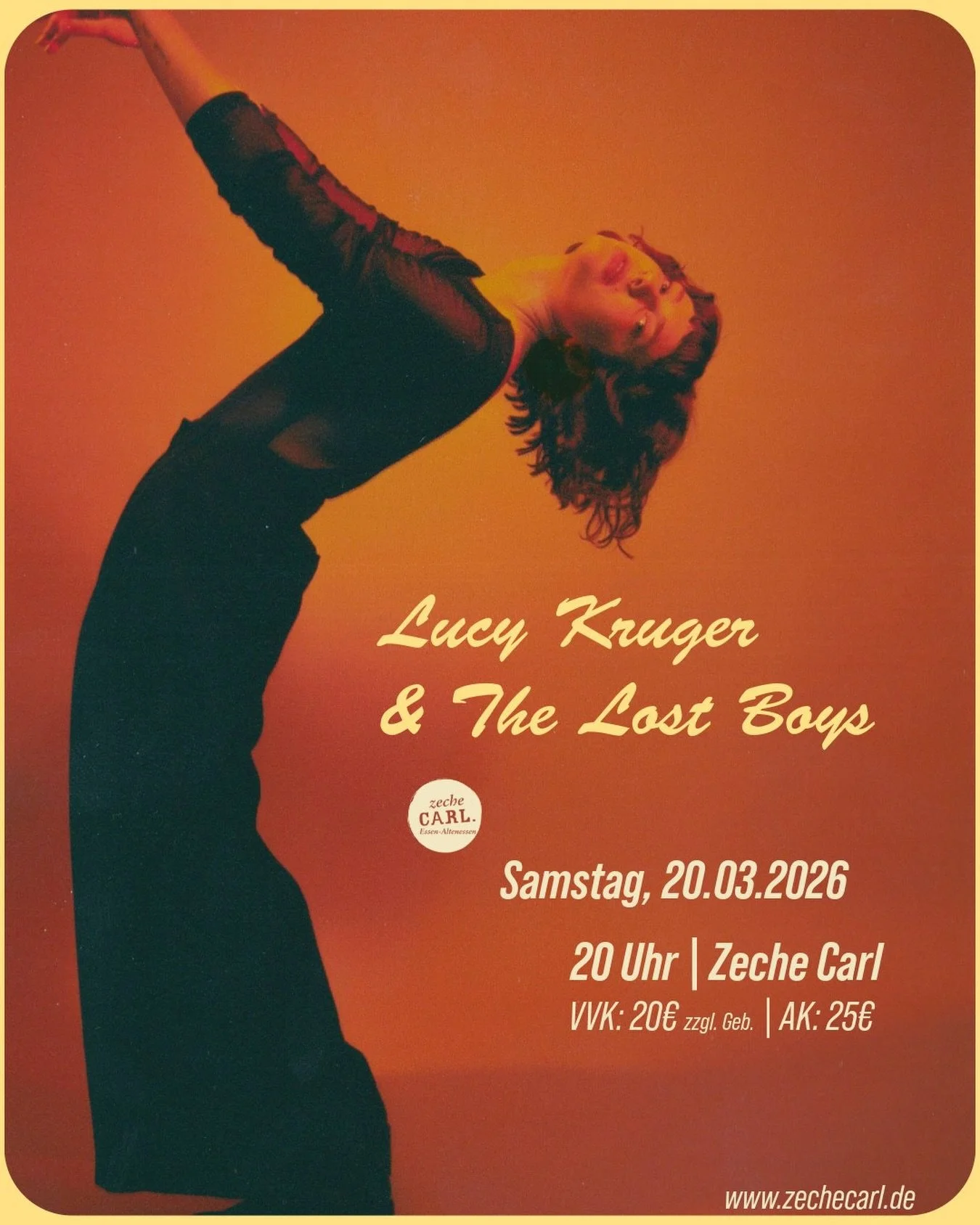LUCY KRUGER &amp; THE LOST BOYS

Freitag, 20.03.26 | Zeche Carl | Einlass: 19:00 Uhr | Beginn: 20:00 Uhr | Konzert 

VVK: 20&euro; zzgl. Geb&uuml;hren | VVK: 25&euro;

Ein Abend zwischen Zartheit und L&auml;rm, Intimit&auml;t und Ekstase: Die Berline