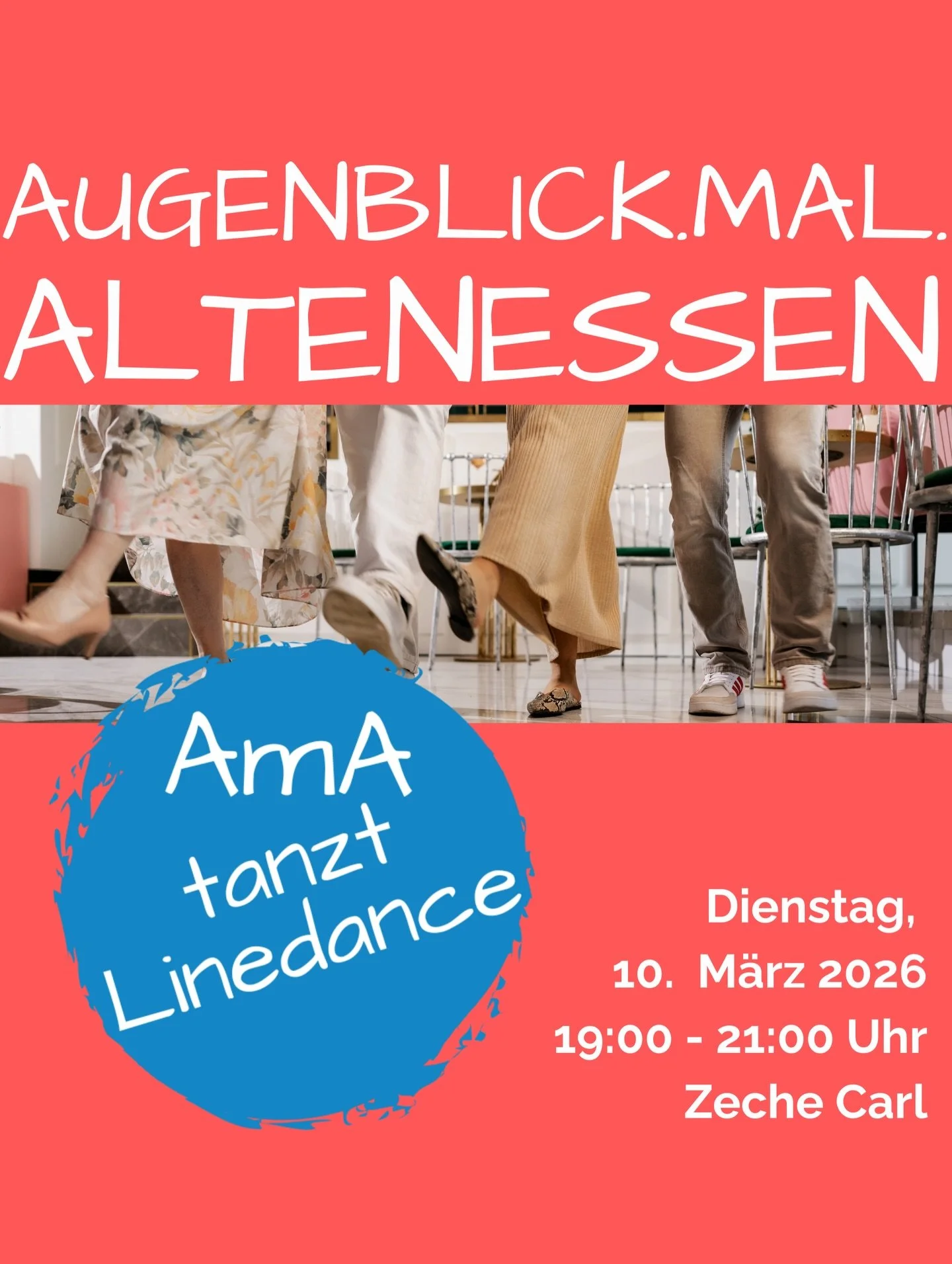 AugenBlick.mal.Altenessen tanzt Linedance 

Dienstag, 10.03.26 | Zeche Carl | Einlass: 18:45 | Beginn: 19:00 Uhr | Stadtteil

Eintritt frei

Nach dem gro&szlig;en Zuspruch im vergangenen Sommer laden wir erstmals zu einem Indoor-Linedance ein.

Allei