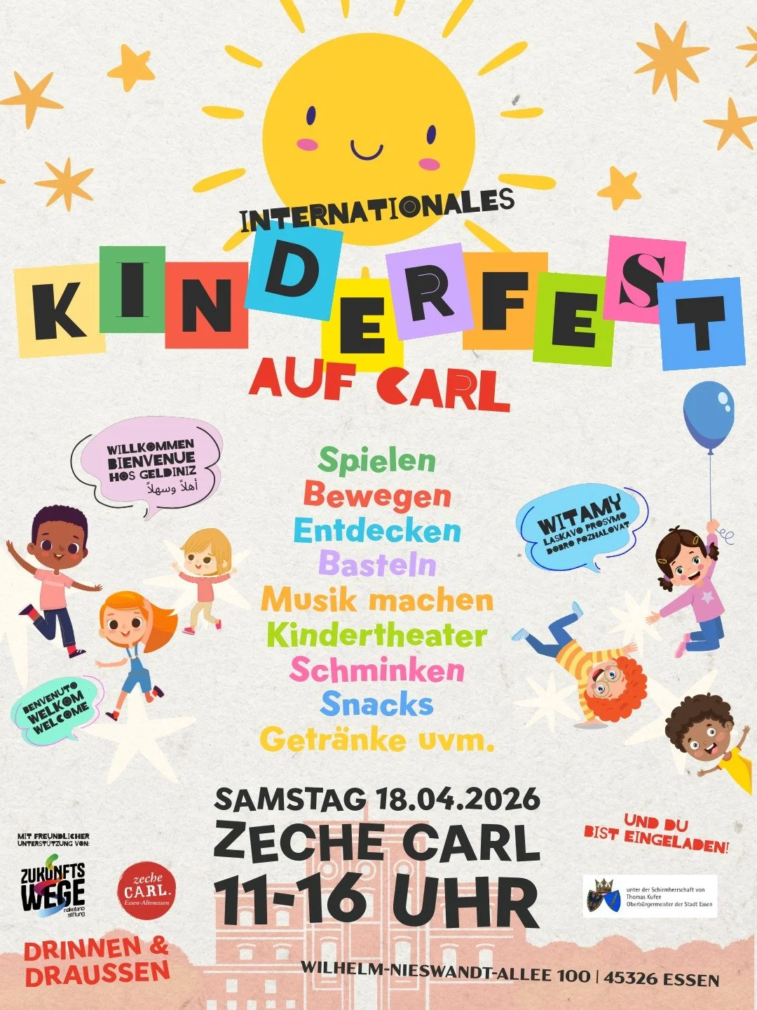 Internationales Kinderfest auf Carl

Samstag, 18.04.26 | Zeche Carl | Einlass: 11:00 Uhr | Beginn: 11:00 Uhr | Drinnen &amp; Drau&szlig;en

Eintritt Frei

Kinderfest auf Carl &ndash; Spa&szlig; f&uuml;r die ganze Familie!

Am 18.04 um 11 Uhr l&auml;d