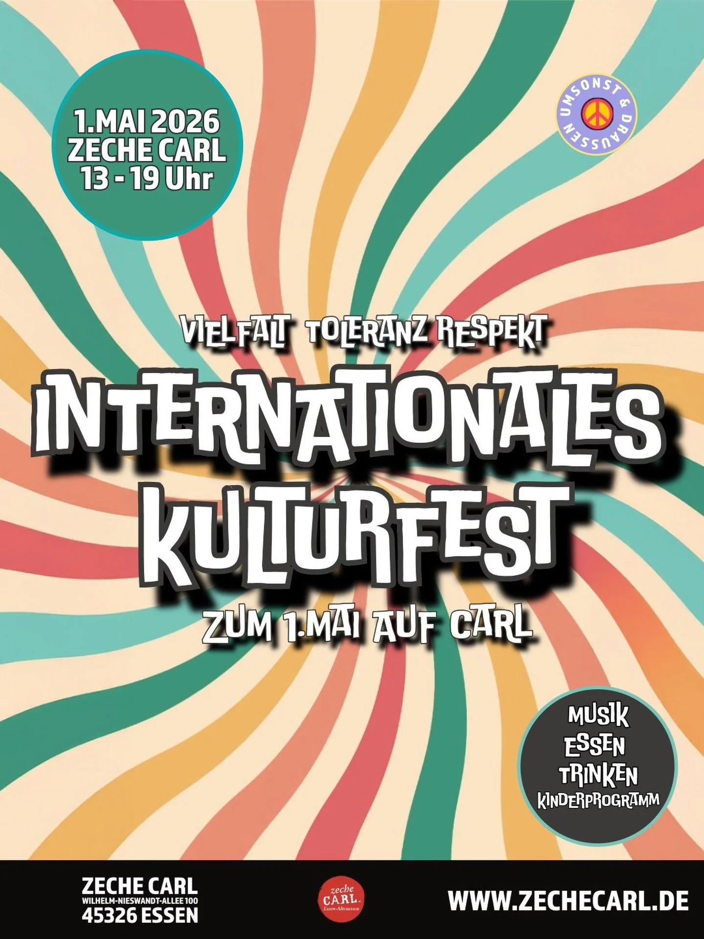 Internationales Kulturfest zum 1.Mai auf Carl 

Vielfalt, Toleranz, Respekt und Miteinander

Freitag, 01.05.2025 | Zeche Carl | Beginn: 13:00 Uhr | Ende 19:00 Uhr | Au&szlig;engel&auml;nde 

Eintritt Frei

Am 1. Mai verwandelt sich das Ausengel&auml;