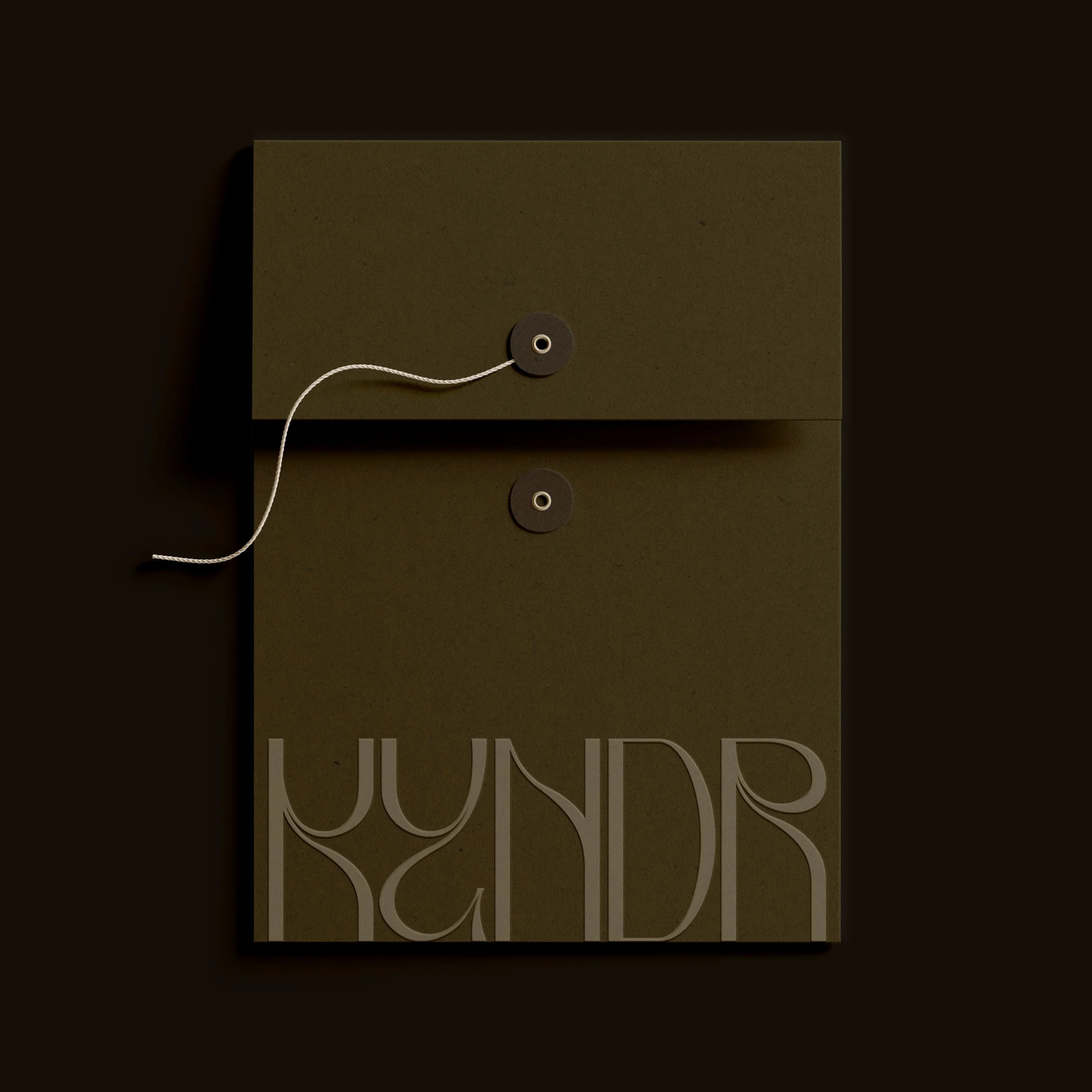 Minimalist olive green brand identity folder design with custom typography for KYNDR, created by The Branory branding studio Denmark.