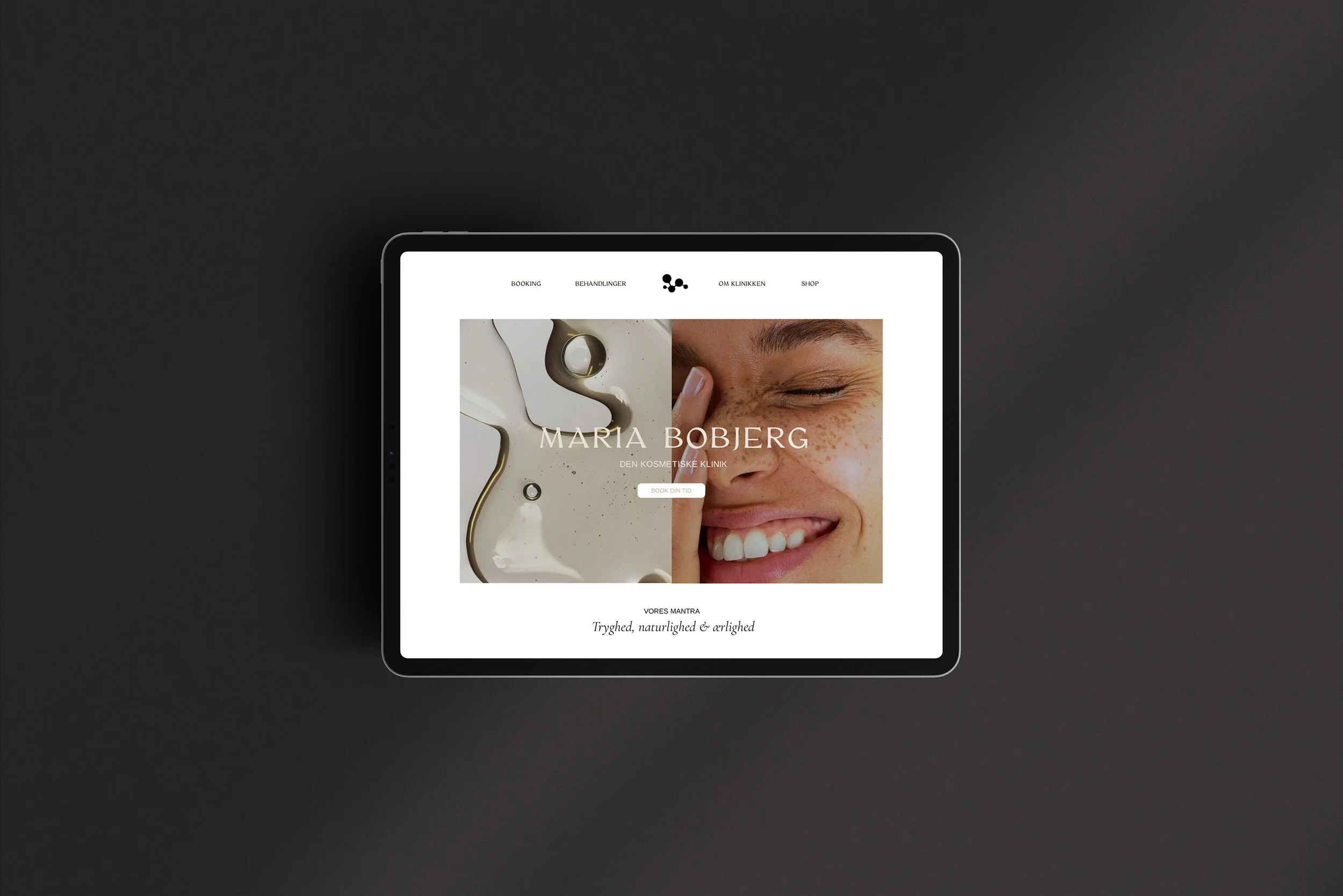 Website design for Maria Bobjerg cosmetic clinic displayed on tablet mockup. Visual identity direction by The Branory, brought to life through layouts and imagery by Bespoke Studio.