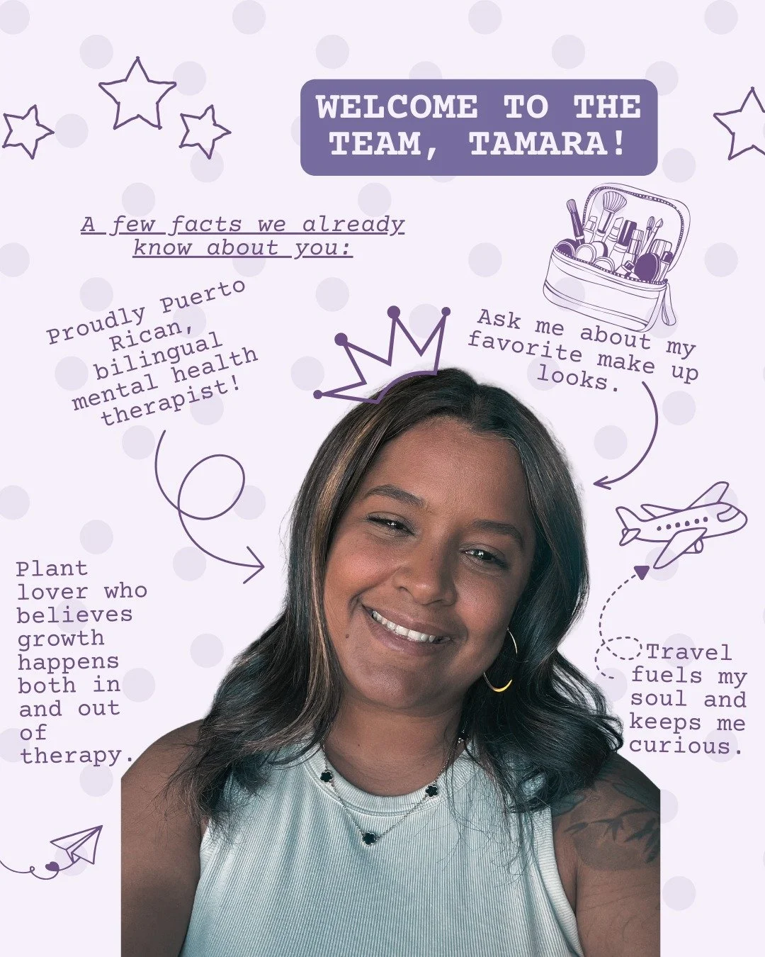 ✨ Meet Tamara (she/her/ella) ✨
Bilingual (Spanish/English), Puerto Rican, and deeply committed to creating a safe, supportive space for healing. Tamara brings compassion, cultural awareness, and a strengths-based approach to every session. We&rsquo;r