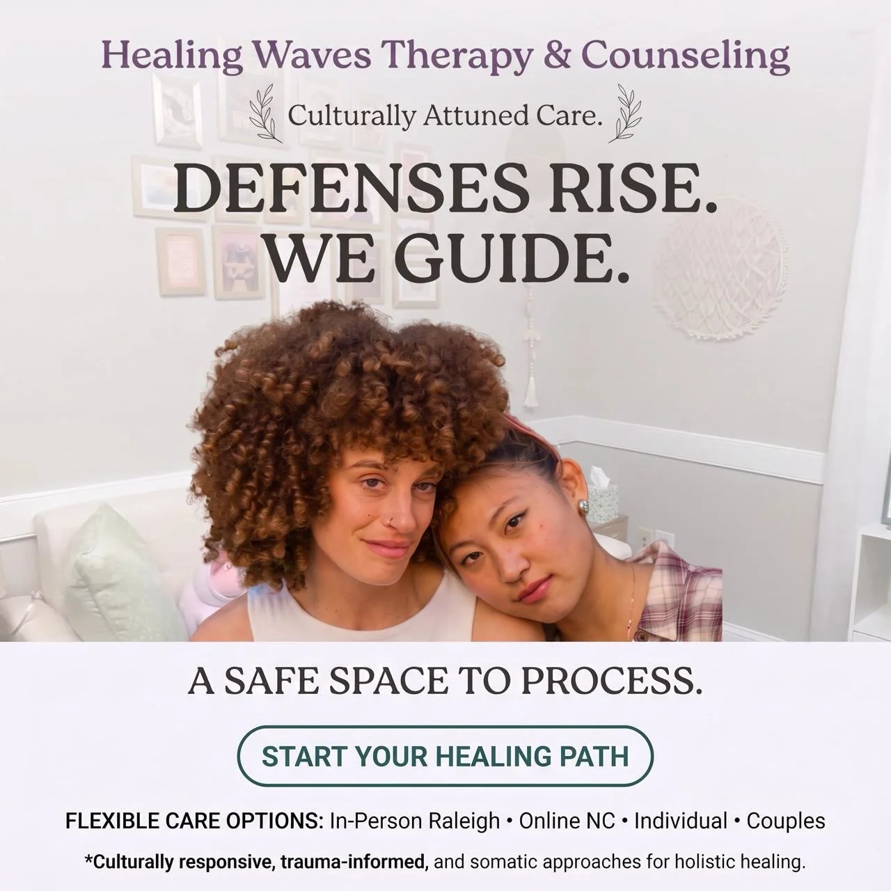 When your defenses rise, you deserve a space where you can safely let them down. 💜
Sometimes, the ways we&rsquo;ve learned to protect ourselves can make it difficult to open up, trust, or process what we&rsquo;re feeling.
At Healing Waves Therapy &a