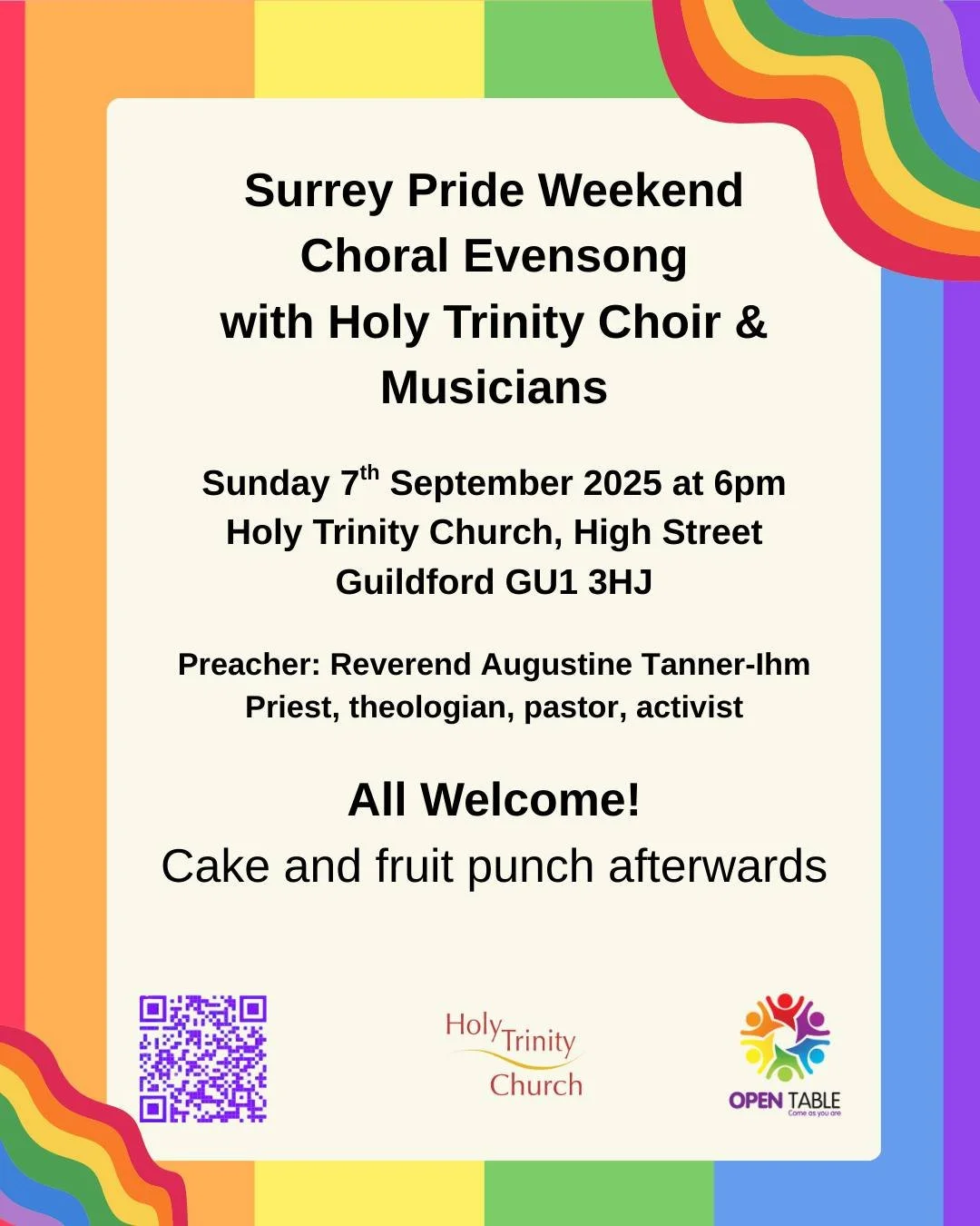 This Sunday we celebrate Pride 🏳️&zwj;🌈 
All will be very welcome, as usual 😊 
6pm in Holy Trinity Church, Guildford. 

#AllAreWelcome #InclusiveChurch #Guildford