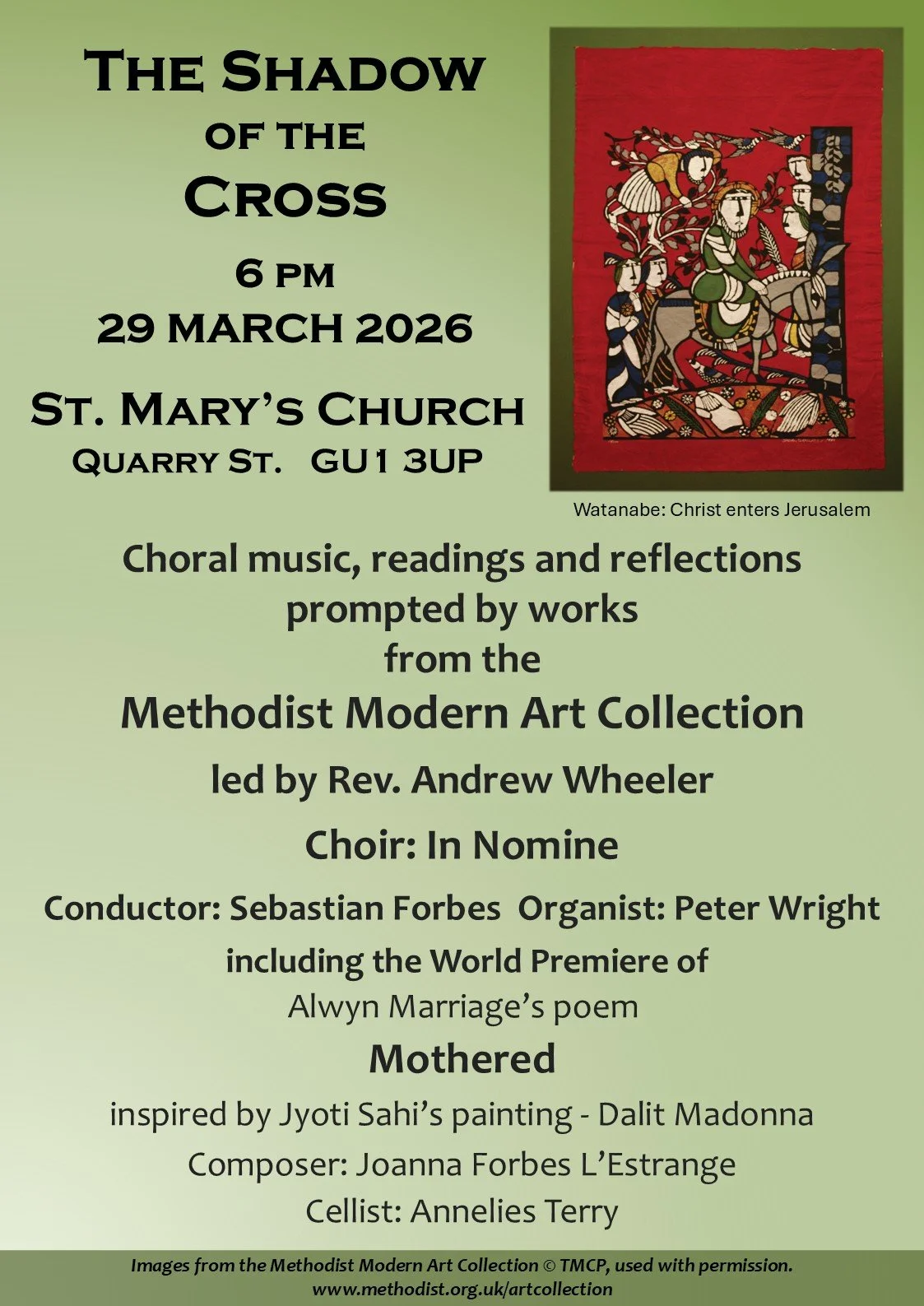 On Palm Sunday evening, we welcome back the choir of In Nomine to St Mary's church for a special celebration of choral music, readings and reflections from the Methodist Modern Art collection. 

Everyone is very welcome.
