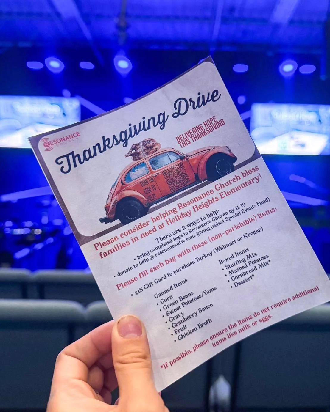 Happy Wednesday, Resonance Family🧡 This Thanksgiving, we have the opportunity to bless families at Holiday Heights Elementary with a Thanksgiving meal. 

You can give or pick up a bag to fill at prayer tomorrow night (7:00pm) or on Sunday morning at