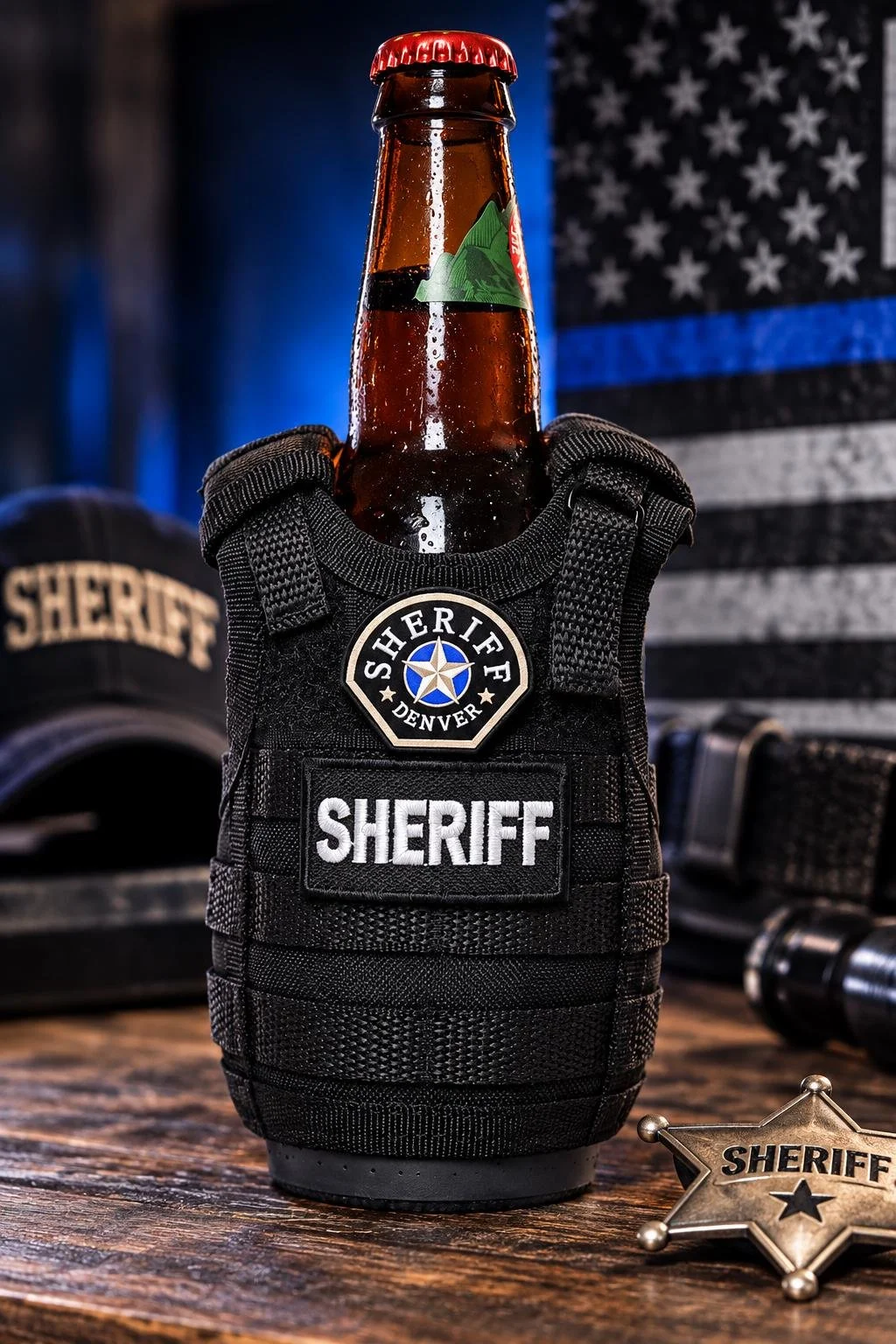 Sheriff Miniature Tactical vest bottle insulator. Customize for your department!