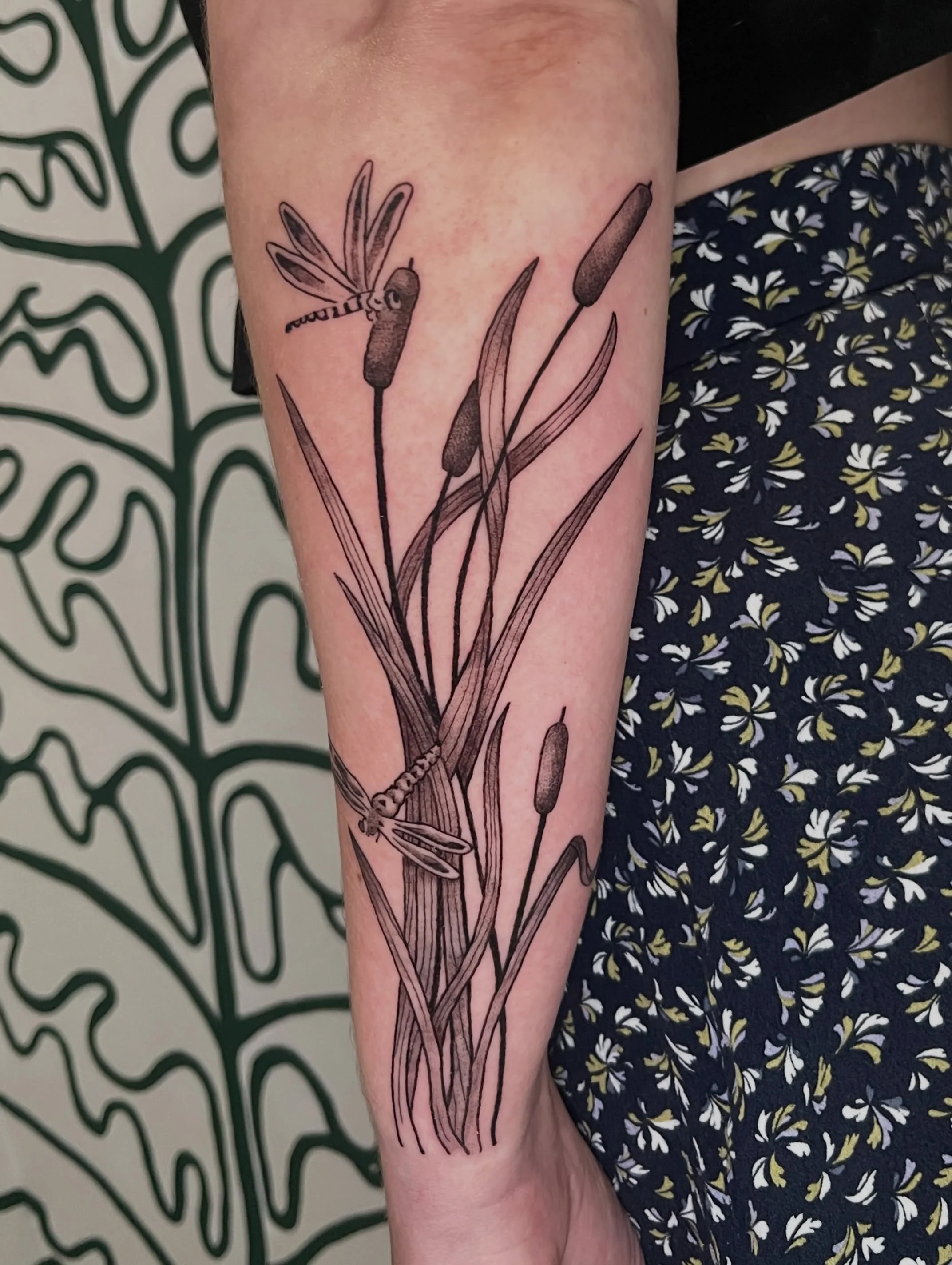 so amped about this cat tail tattoo on R! looks great against the studio wall 🥹 thankful for awesome clients like you
.
.
.
.
made w lotsa luuurve as always 
@honey_tattoo.roc 
books are open, link in bio 😎
.
.
.
#cattailtattoo #dragonfly #cattail 
