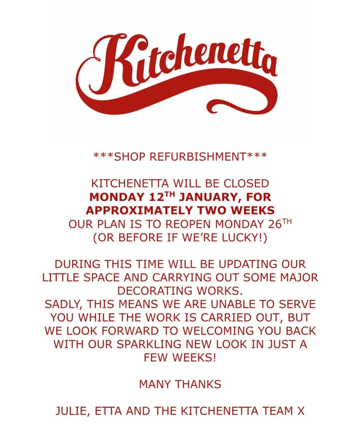 Just to let everyone know as of Monday we will be shut for approximately a couple of weeks while we get our new flooring put in and a lick of paint while we&rsquo;re at it. 

We are open today and tomorrow for your Kitchenetta fix - so come and stock