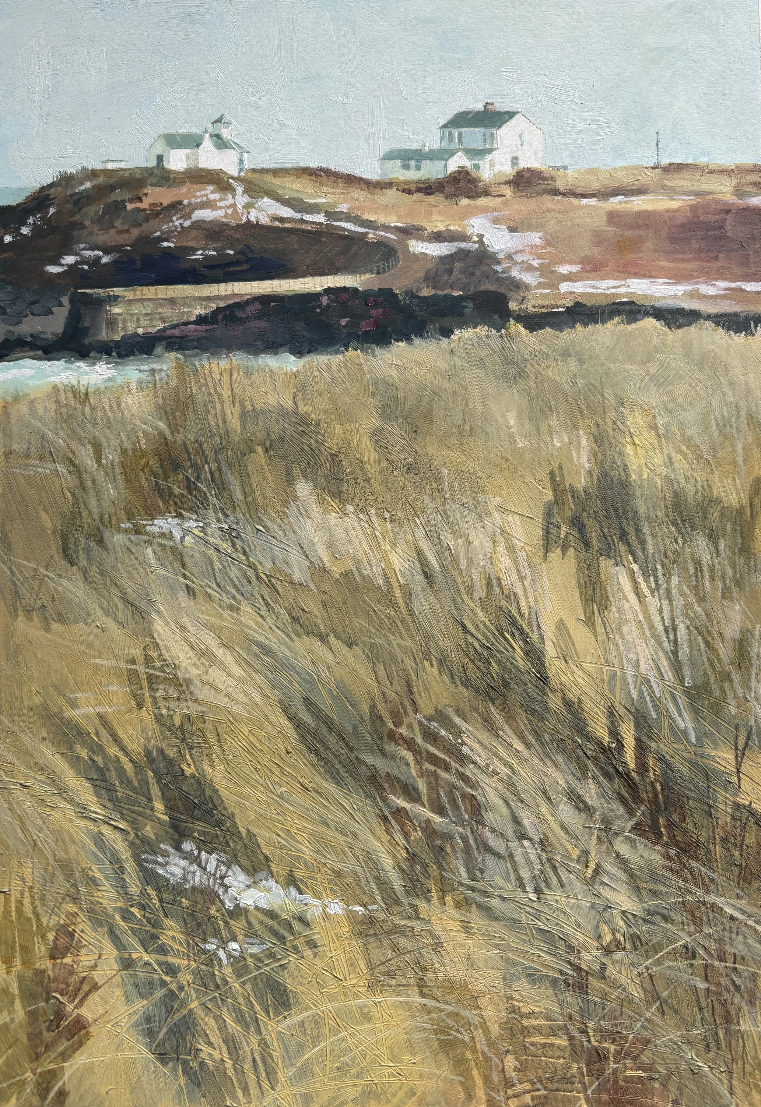 396 - First Snow at the Sluice, oil on board, 34x24cm