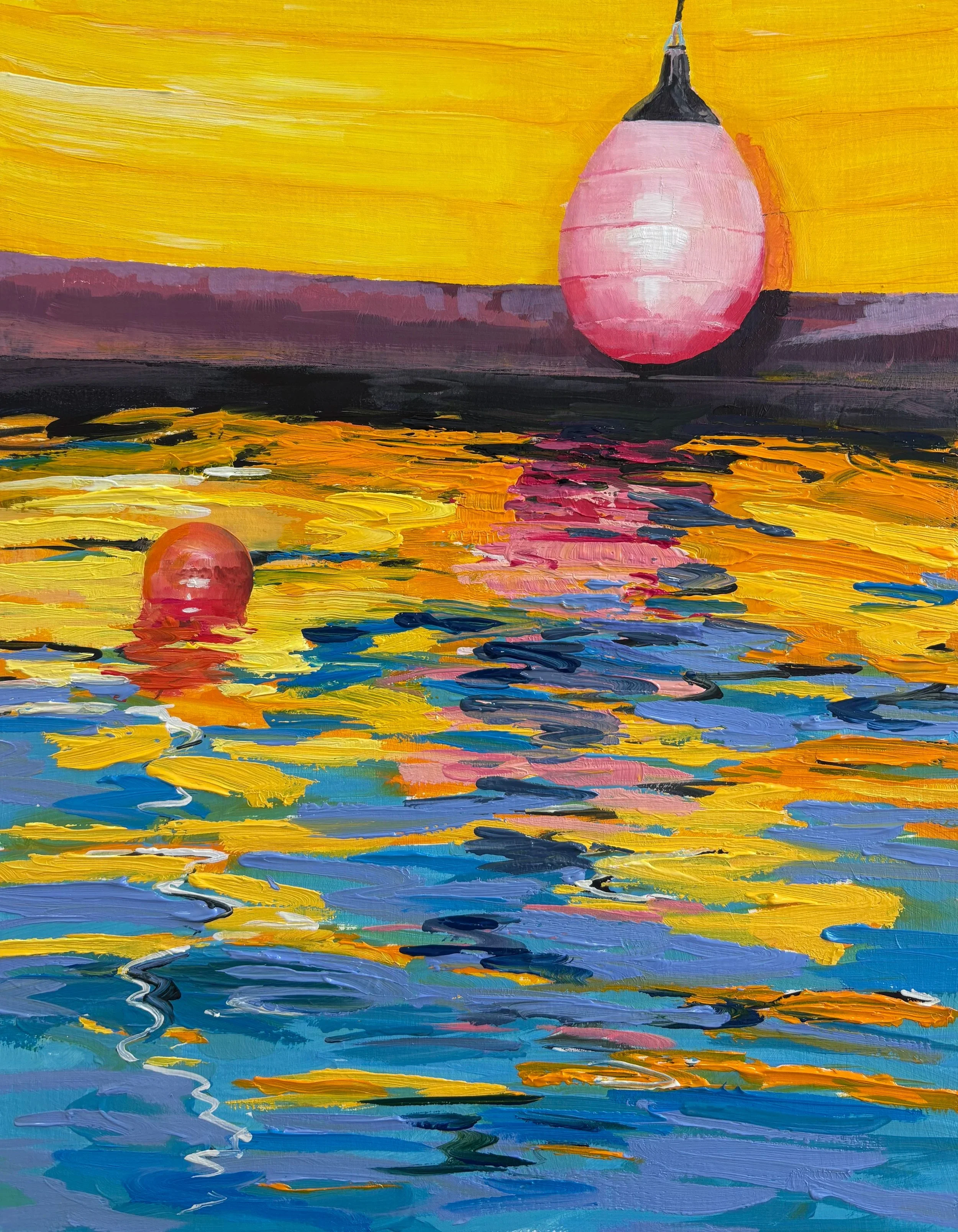 392 - Boatside Reflections, oil on board, 36x28cm