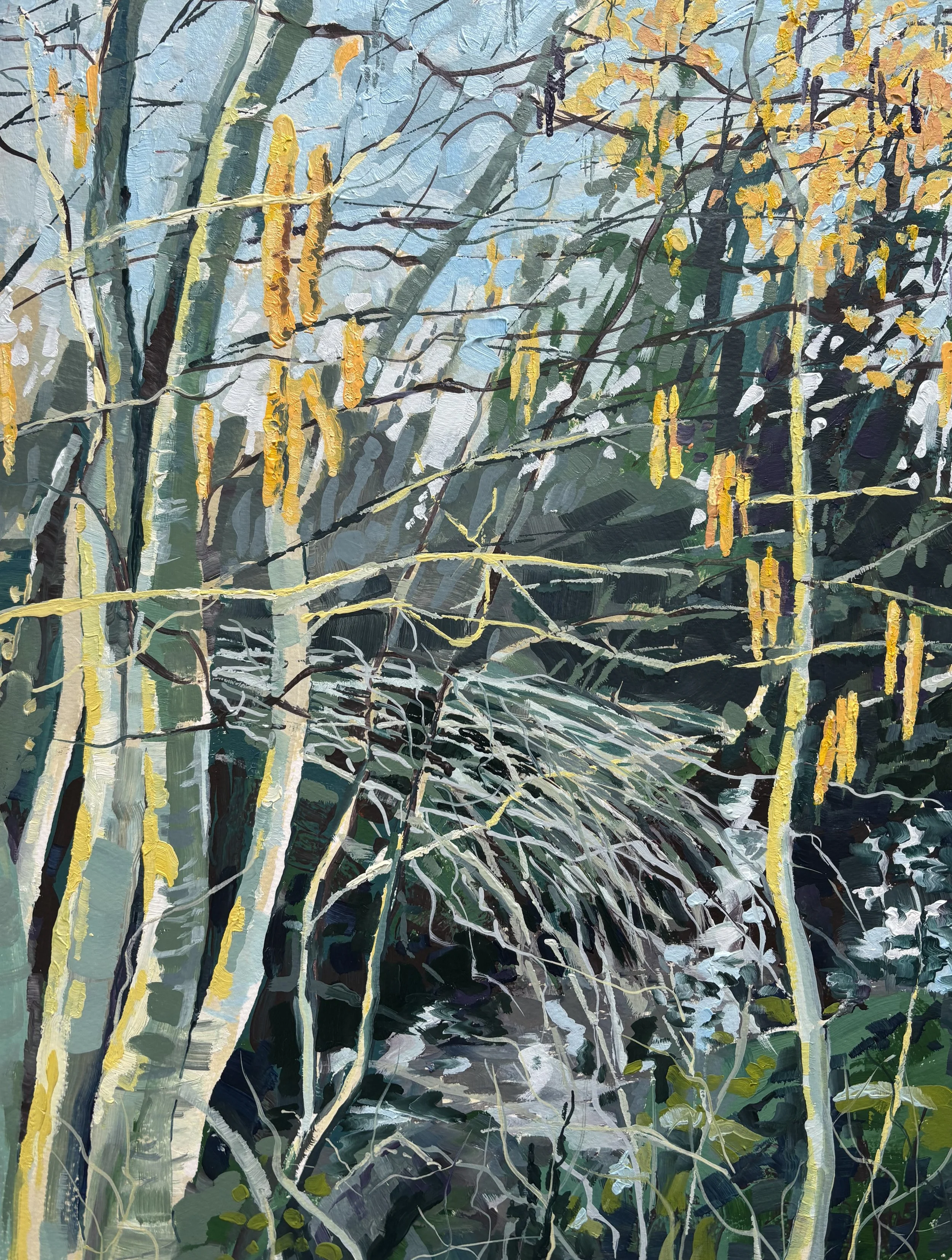 384 - Catkin time, oil on paper, 47x35.5cm