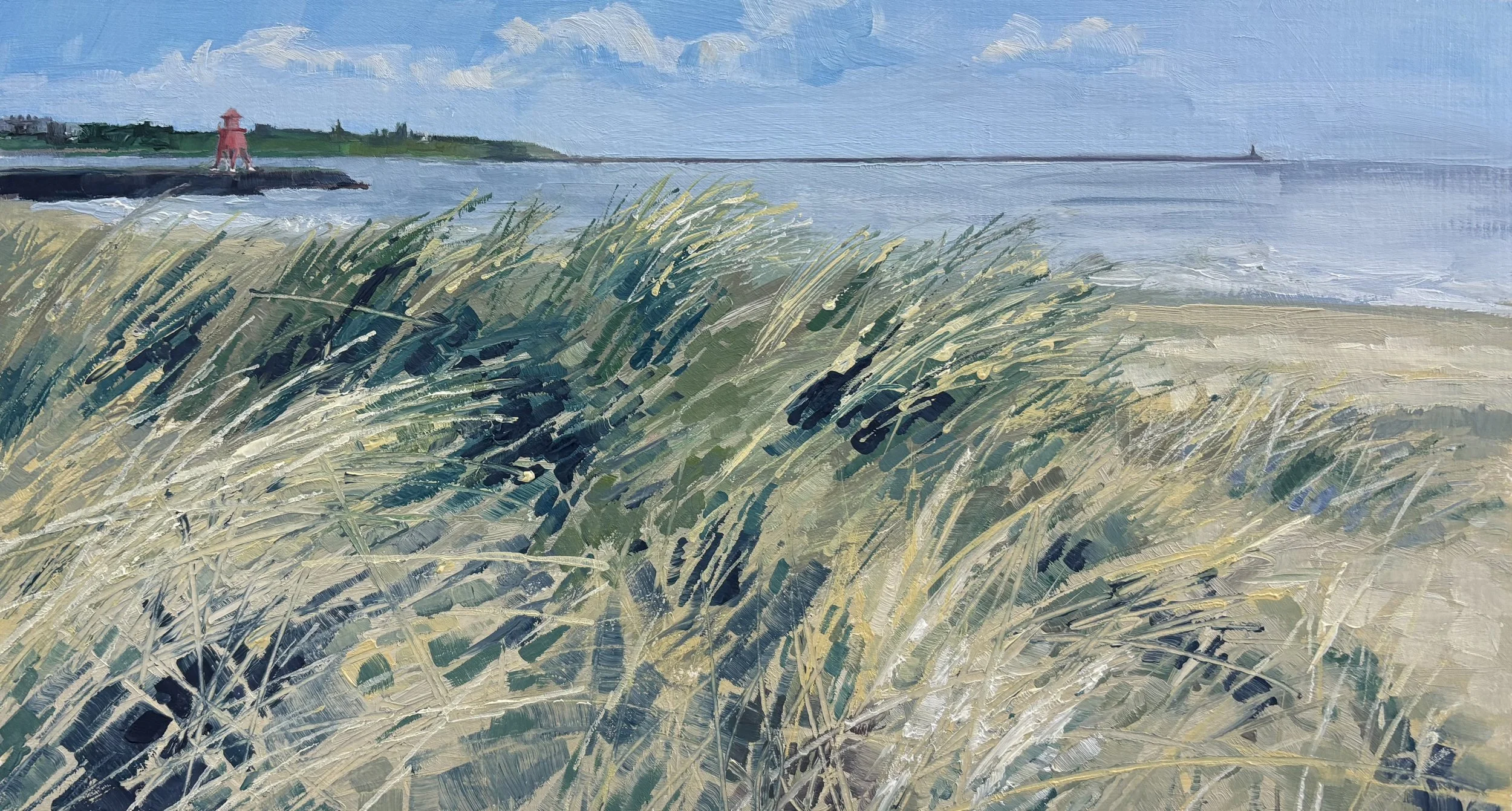 394 - Northwards Across the Tyne, oil on board, 21x39cm