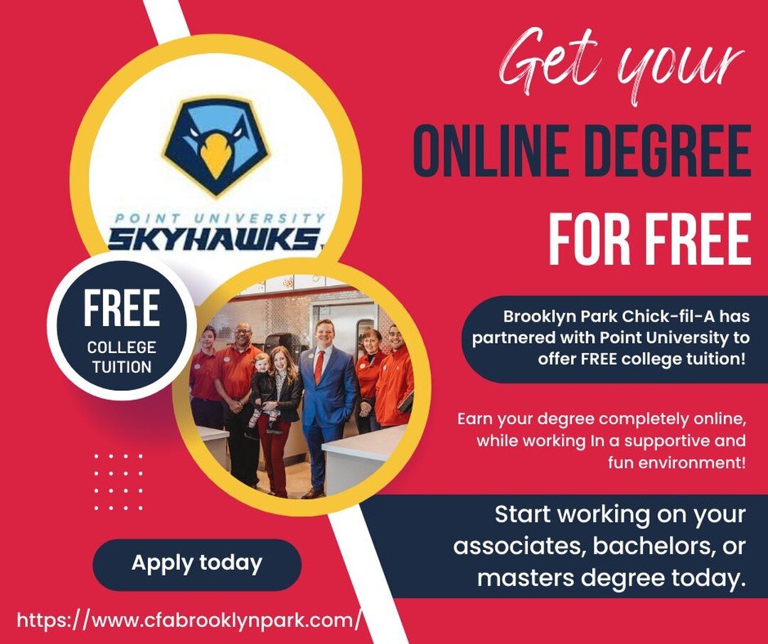 ✏️We are THRILLED to partner with Point University just in time for the back to school season!✏️

All Brooklyn Park Chick-fil-A Team Members are eligible to work towards and receive a free Bachelor's degree online through Point University! Work in a 