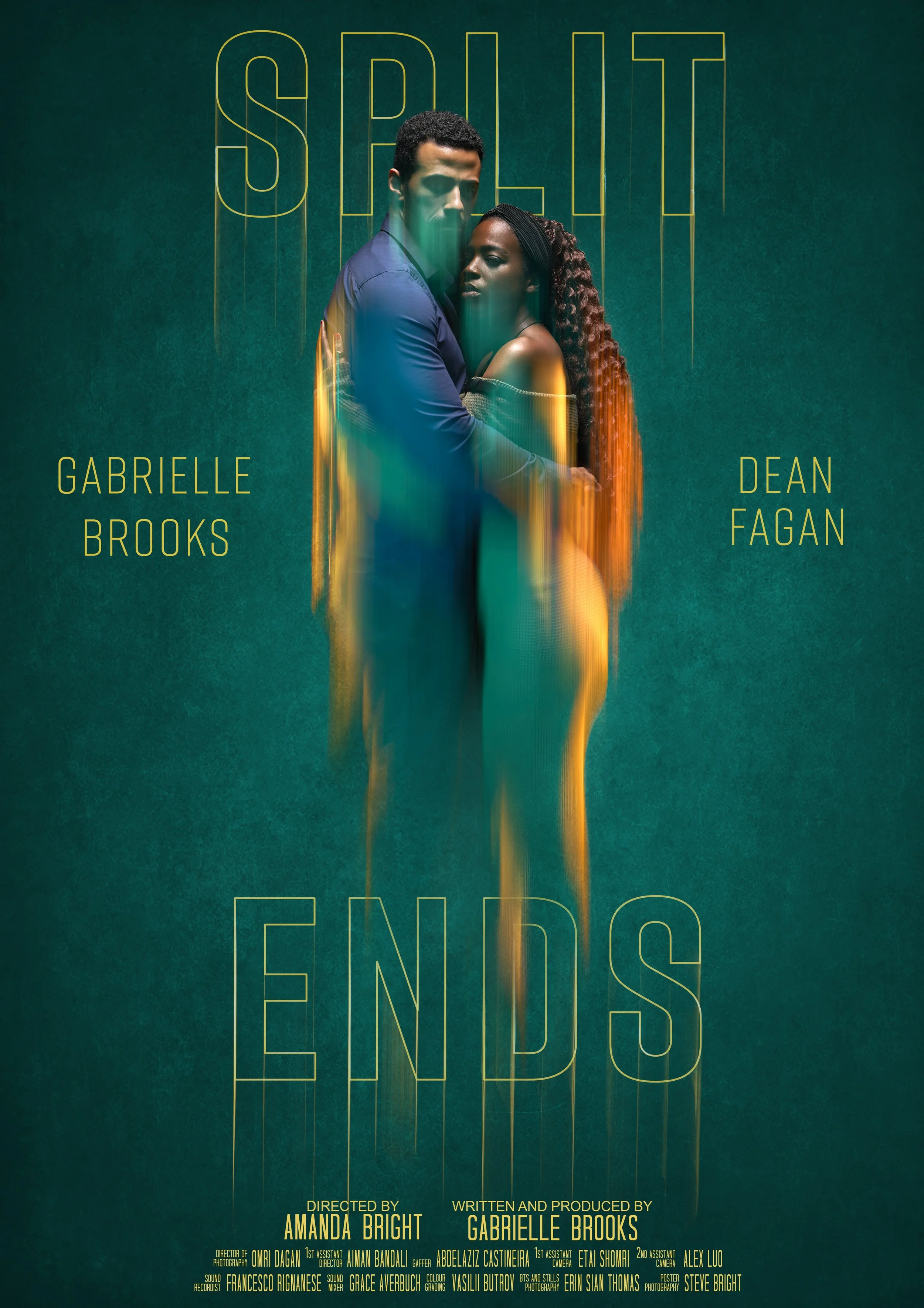 Poster for the short film Split Ends, the image shows a young couple (a Black woman and a Mixed Race man) embracing, while shutter drag on the highlights gives the impression that they or their relationshipare dissolving or falling apart