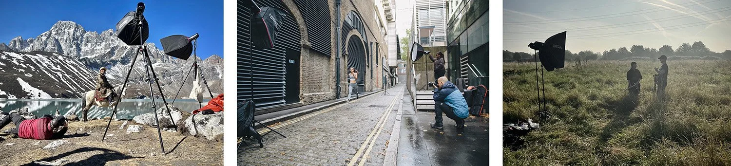 Various images of photographer Steve Bight on photoshoots in different locations, including a field at dawn, the himalayas, and a london street