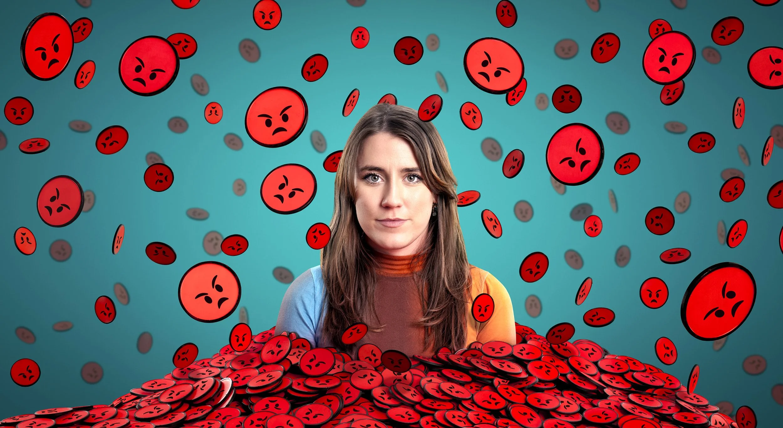 Cover image for the podcast Why Do You Hate Me? The journalist Marianna Spring is being buried under a pile of falling angry emojis. entertainment portrait photography by Steve Bright, London