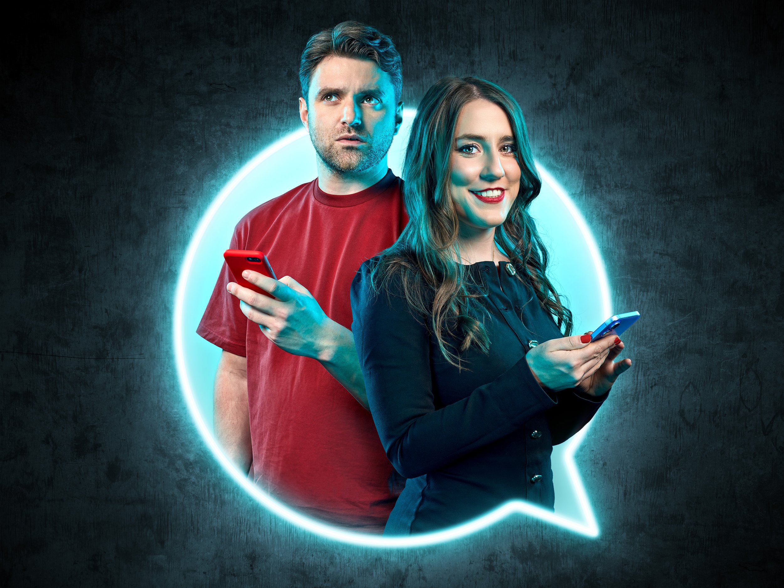 cover image for the BBC podcast Top Comment. Presenters Marianna Spring and Matt Shea stand inside a blue neon speech bubble shape, both holding phones and looking at the camera. cover for the BBC podcast 
