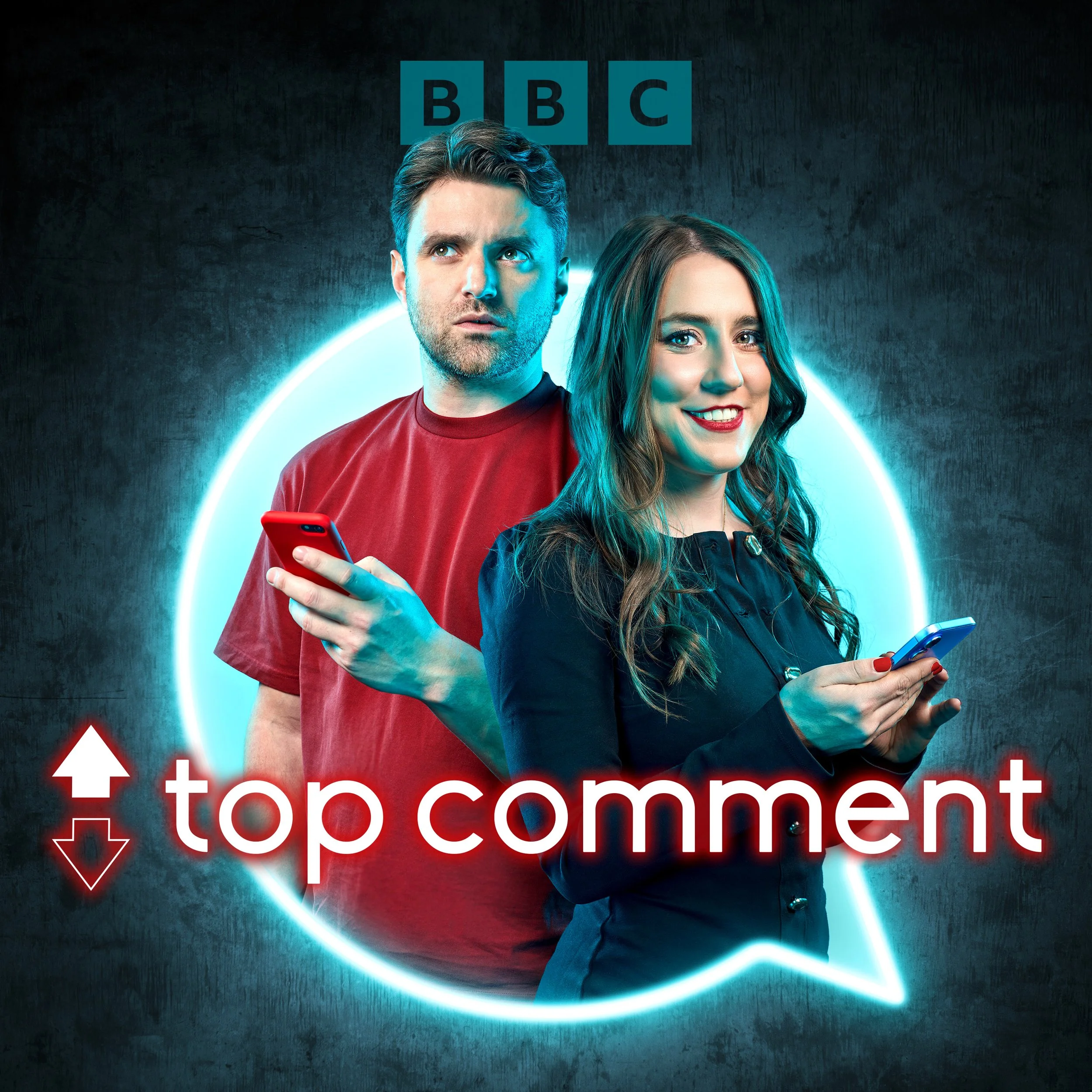cover image for the BBC podcast Top Comment. Presenters Marianna Spring and Matt Shea stand inside a blue neon speech bubble shape, both holding phones and looking at the camera. entertainment portrait photography by Steve Bright, London