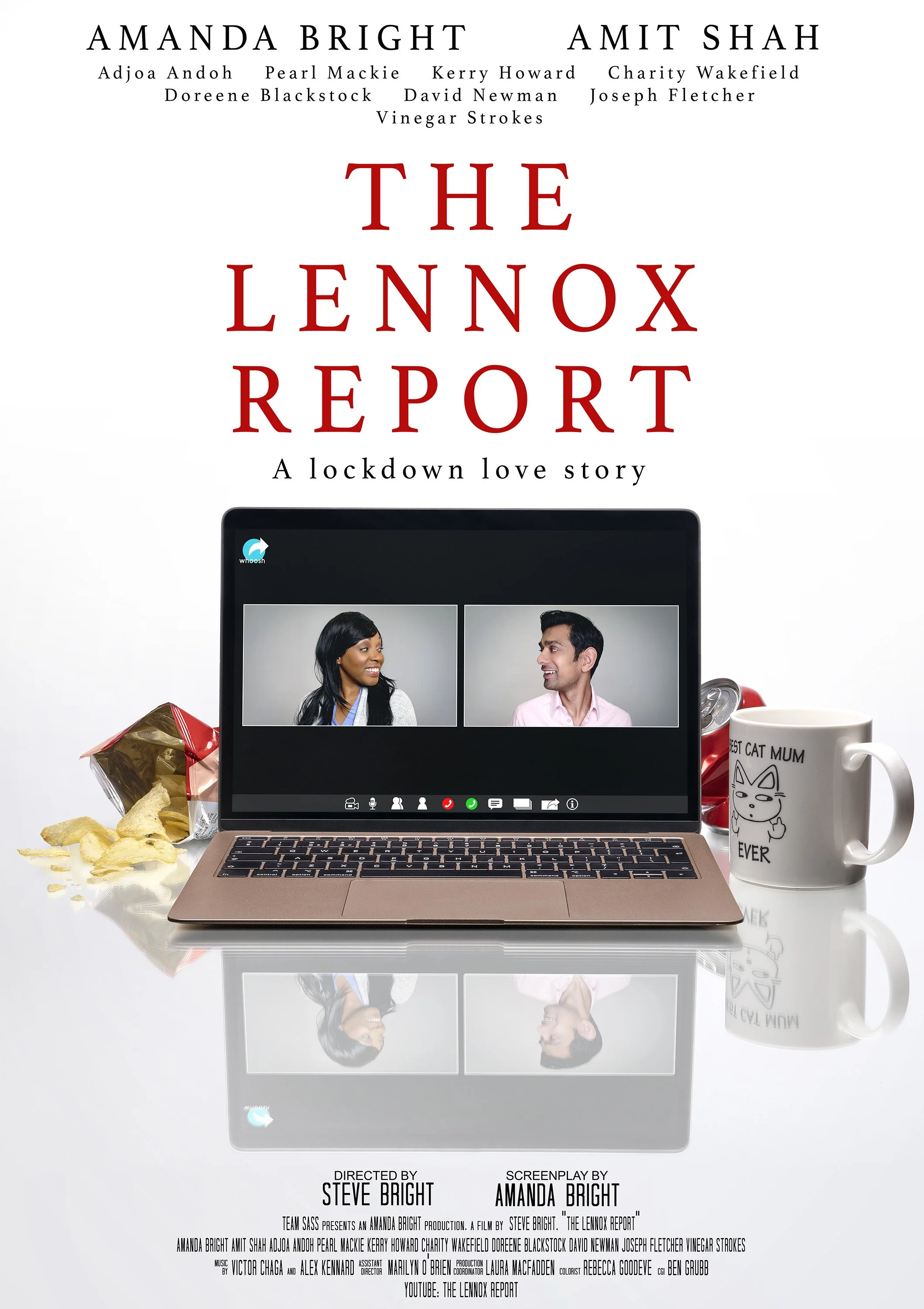 Film poster for the short film The Lennox Report. The two leads appear in windows on a plaptop screen, looking at each other. the laptop is surrounded by a mug of tea and a packet of crisps. entertainment portrait photography by Steve Bright, London