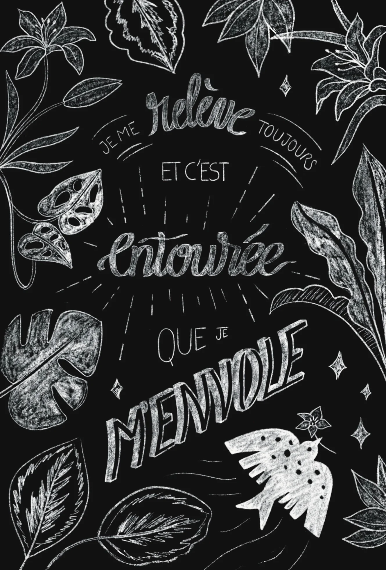 Croquis préparatoire en noir et blanc d'une ardoise illustrée avec lettrage, fleurs, oiseau et plantes tropicales