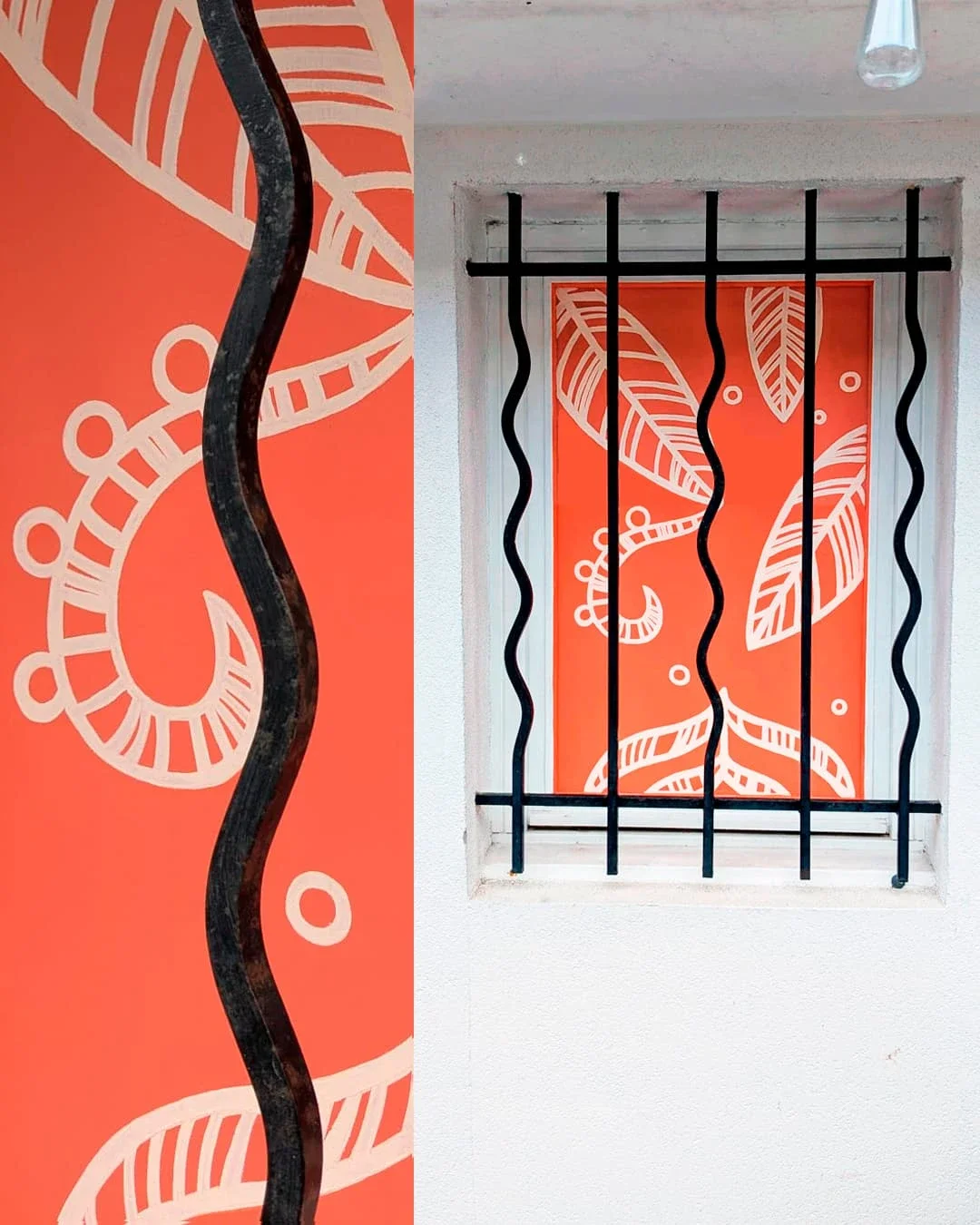 Relooking fenêtre, peinture sur vitrine artisanale, coloris orange terracotta et crème, esprit jungle