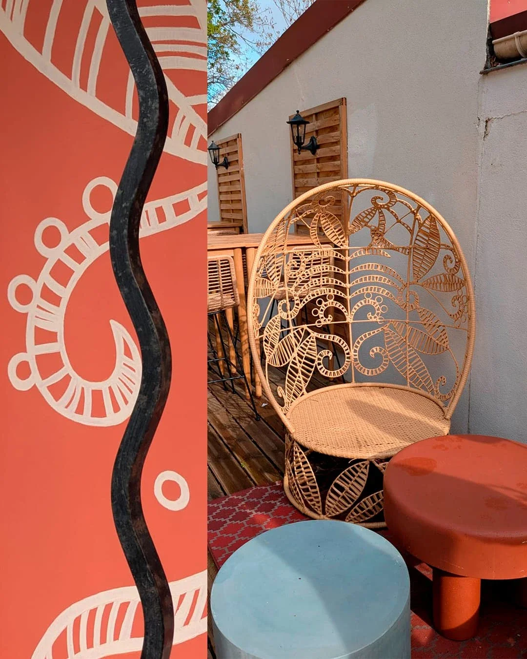 Peinture sur vitre, motif inspiré du mobilier en rotin et des couleurs de la terrasse