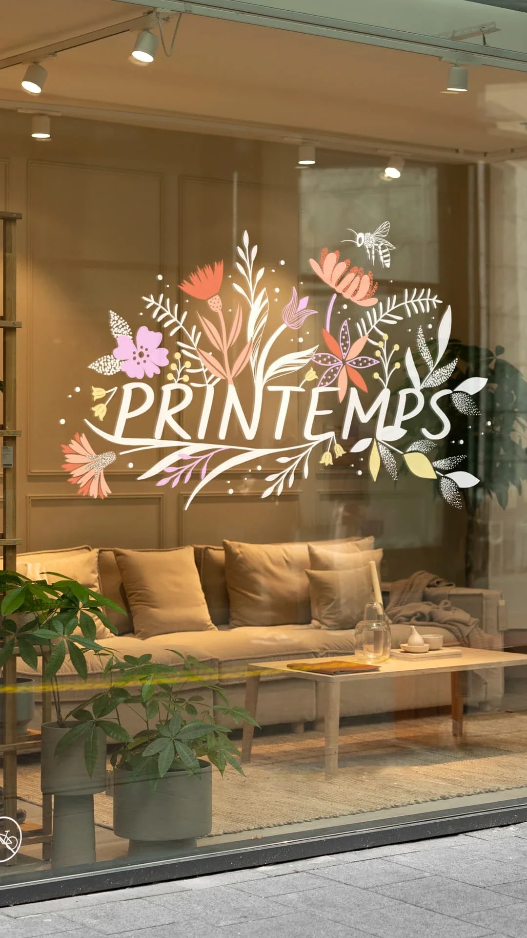 Peinture sur vitrine thématique Printemps colorée avec fleurs, lettrages, végétaux et abeilles, réalisée avec élégance et finesse