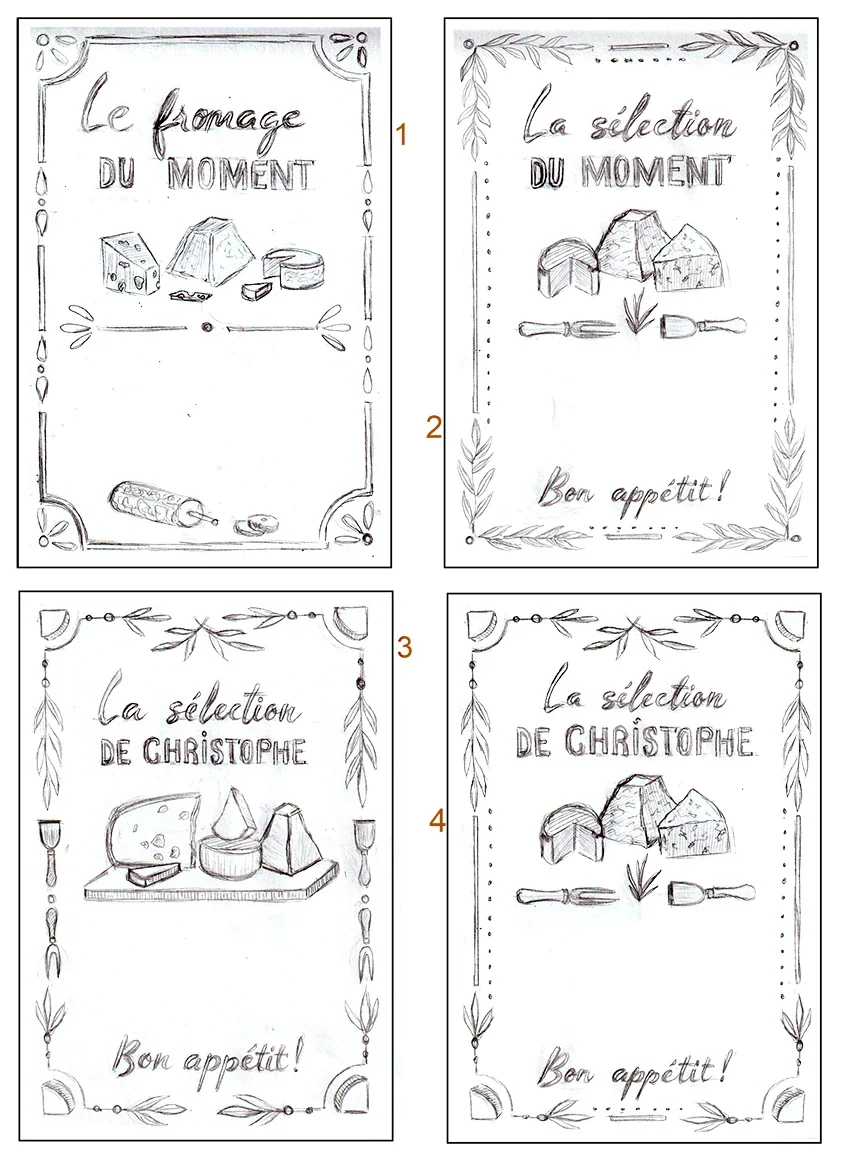 Proposition de 4 croquis pour l'ardoise murale d'une fromagerie à Houilles (78)