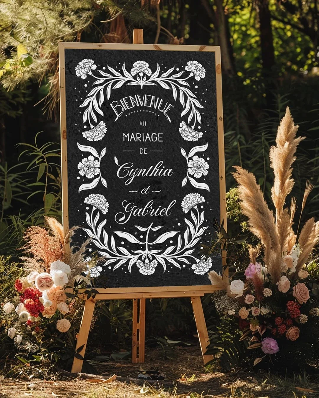Signalétique mariage - ardoise ou panneau de bienvenue - frise florale blanche avec des œillets, un message de bienvenue et le nom des mariés
